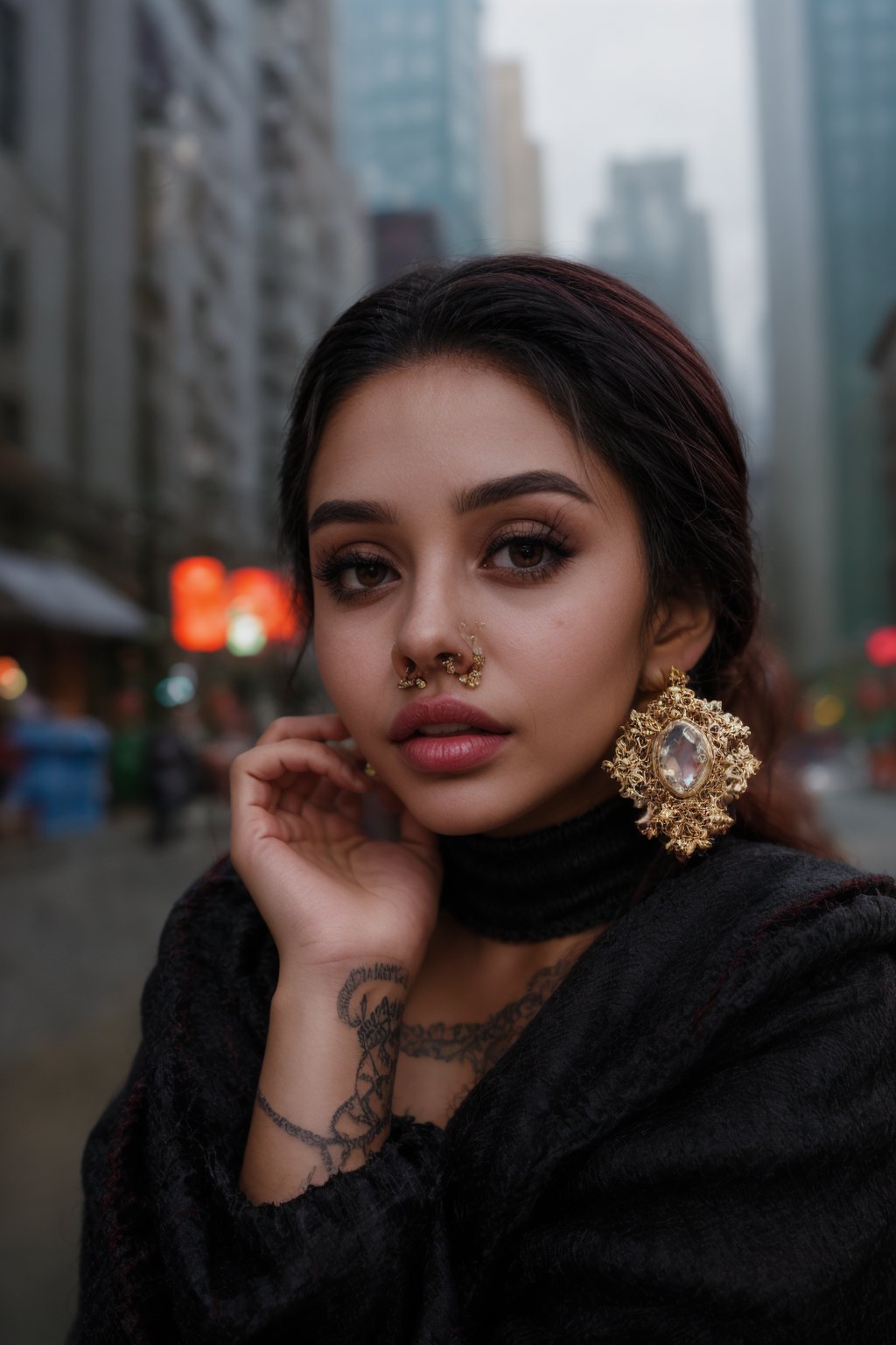 a beautiful young black mixed race girl with a tattoo, oval face, frosty lips, small earrings,intricate high quality details,city background  photorealistic