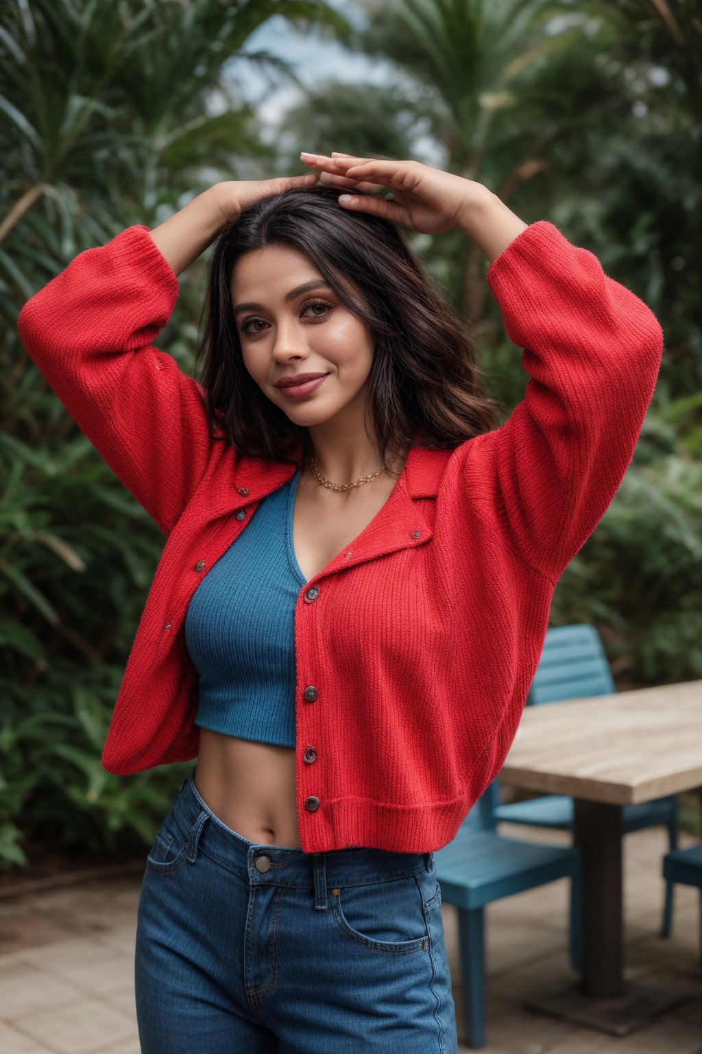 38 years old woman posing solo in an outdoor setting with a vibrant blue sky. Her long, dark hair cascades down her back as she gazes directly at the viewer with a bright smile and gleaming teeth. She wears a bold orange sweater with a matching necklace, complemented by black pants and denim jacket. Her hands are raised, palms facing outwards, as she exudes confidence. The upper body is in sharp focus, while the blurry background adds depth to the scene.