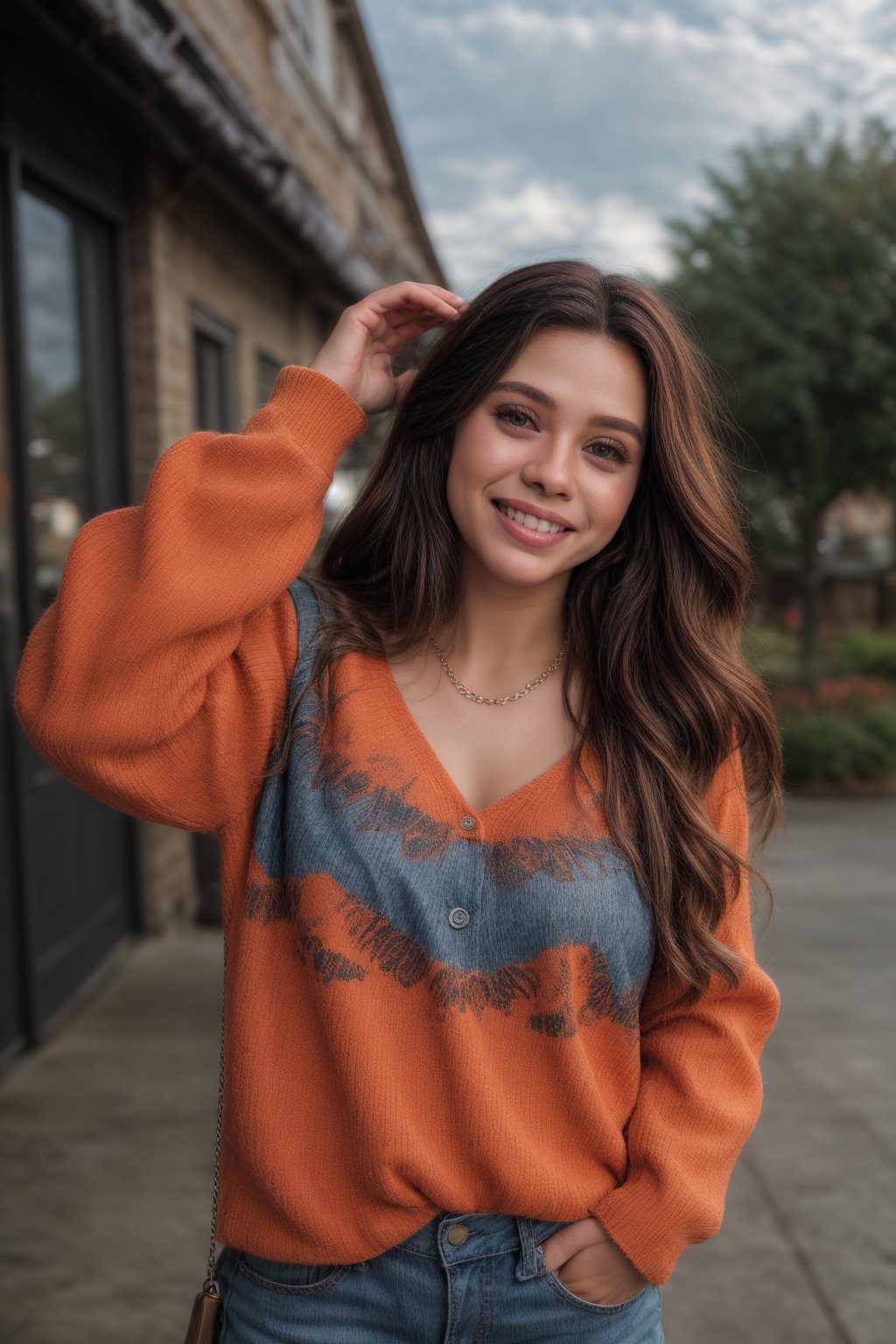 1girl, american, solo, long hair, looking at viewer, smile, brown hair, shirt, long sleeves, jewelry, upper body, outdoors, sky, teeth, pants, necklace, grin, blurry, sweater, lips, hands up, blurry background, denim, jeans, realistic, orange shirt, orange sweater