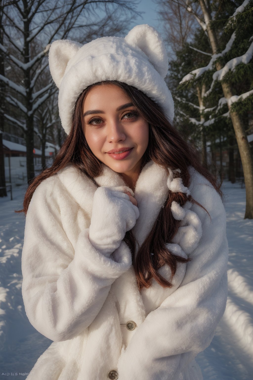 smile,beautiful woman,heavy winter coat,a woolly hat,gloves,holding a snow-white husky,whose fur gleams pristine in the winter sunlight,The woman's demeanor exudes gentleness and affection,a serene winter street,trees lining the sides covered in white snow,warmth and happiness,photo r3alm,Extremely Realistic