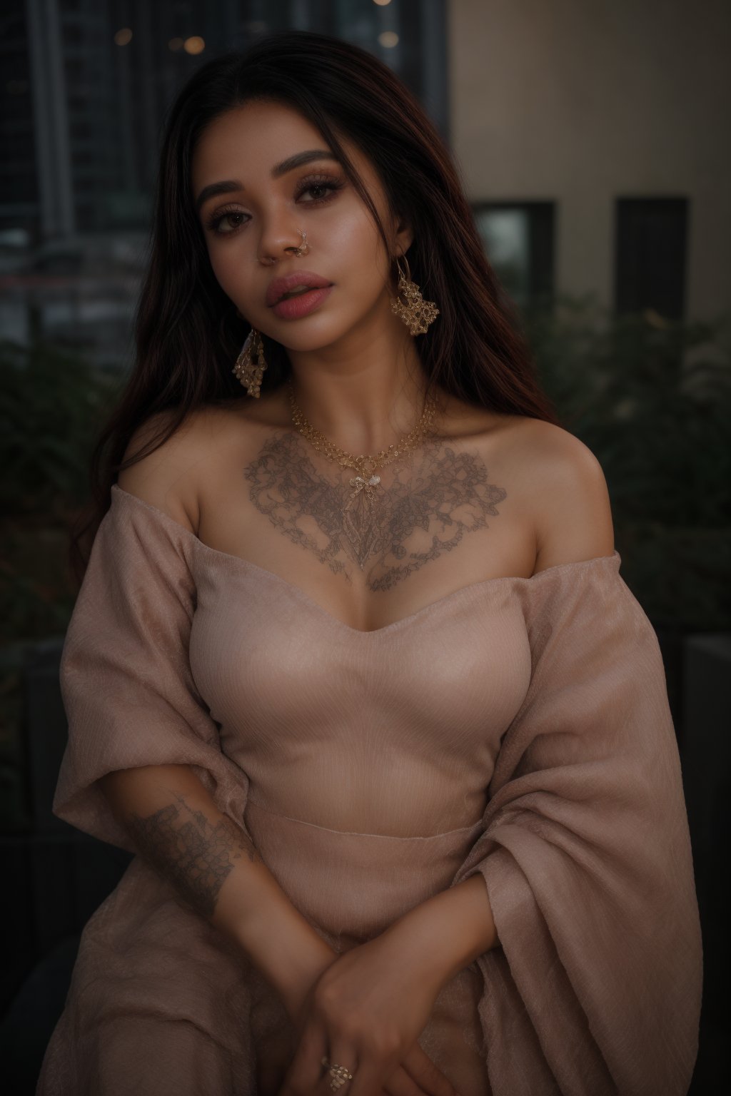 A stunning young woman of African and European descent poses against the vibrant cityscape, her oval face illuminated by the soft glow of urban lights. Frosty pink lips curve into a subtle smile as she showcases intricate high-quality tattoos on her skin. Small earrings sparkle like diamonds amidst a tapestry of textures and colors, set against the bustling metropolis.