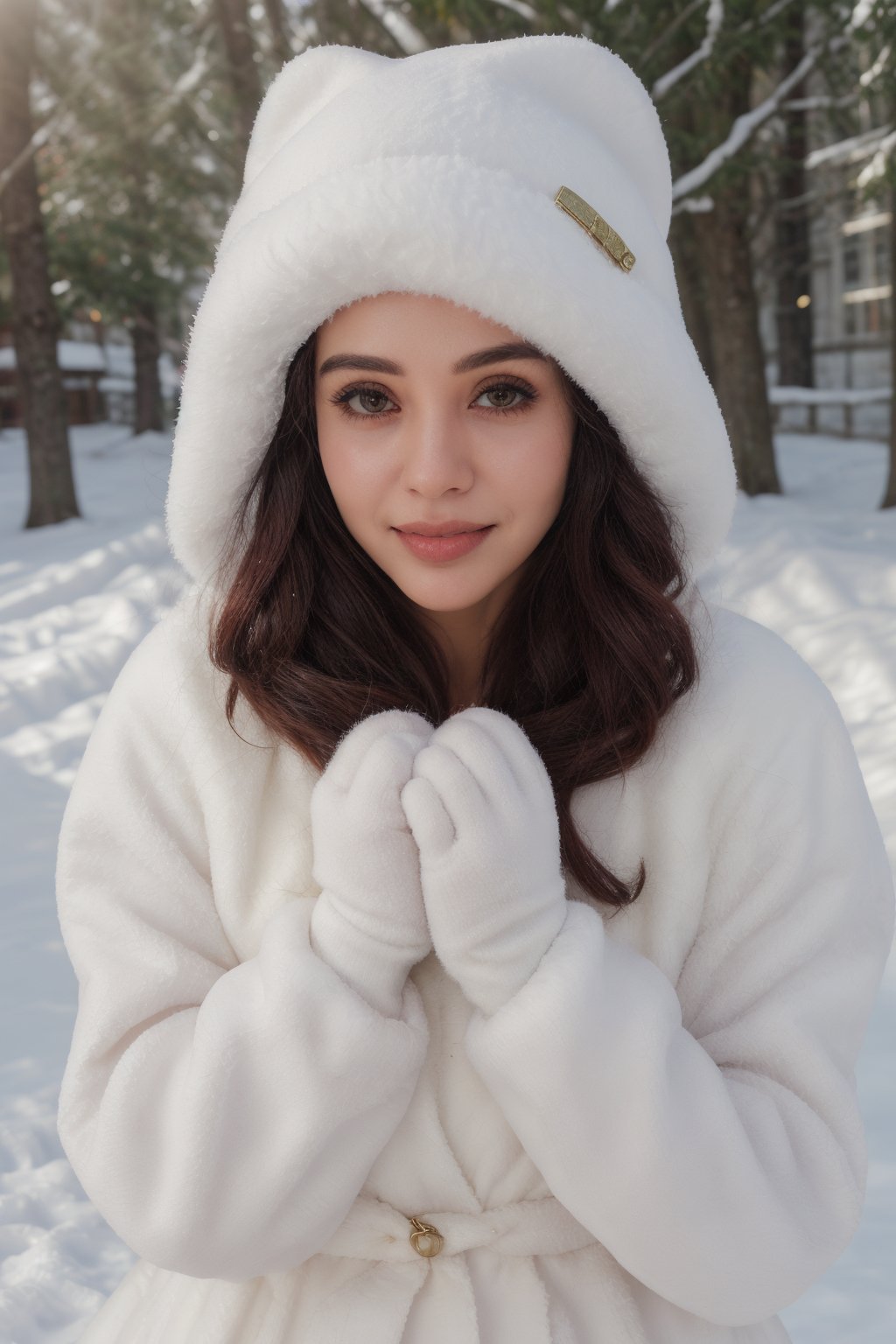 smile,beautiful woman,heavy winter coat,a woolly hat,gloves,holding a snow-white husky,whose fur gleams pristine in the winter sunlight,The woman's demeanor exudes gentleness and affection,a serene winter street,trees lining the sides covered in white snow,warmth and happiness,photo r3alm,Extremely Realistic