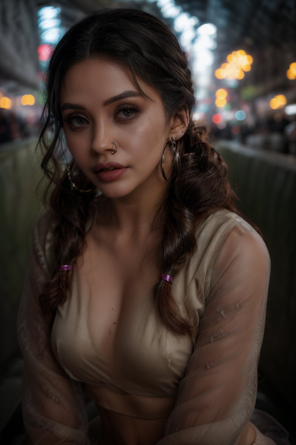 1girl, solo, long hair, looking at viewer, simple background, brown hair, shirt, black hair, long sleeves, Neon city background, ribbon, twintails, brown eyes, jewelry, hair ribbon, upper body, earrings, parted lips, midriff, dark skin, dark-skinned female, crop top, hoop earrings, realistic, multi-tied hair, cinematic angle, (cinematic shadows, bokeh, depth of field:1.3) , (High detail RAW Photo), (extremely detailed skin, photorealistic, heavy shadow, dramatic and cinematic lighting, key light, fill light), sharp focus, cinematic, imperfect skin, fabrics, textures, detailed face, detailed skin, detailed fingers, NaturalHand2-3500, analog film photo Deep photo,depth of field,ferrania p30 film,shadows, perfect face and body, dimly lit, nervous, harsh camera flash, faded film, desaturated, 35mm photo, grainy, Kodachrome, Lomography, stained, highly detailed, found footage,, (black hair,
A flapper girl stands poised in a smokey atmosphere, bathed in ethereal light that accentuates her stunning features. Her fair skin glows under cinematic lighting, as she gazes directly into the camera with perfect eyes and a beautiful nose. Her Drill Spring-inspired hairstyle is perfectly coiffed, framing her face. The background is a masterpiece of art deco design, with intricate details and complex patterns that seem to leap off the screen in hyper-maximalist fashion. The subject's full-body is dressed in elaborate attire, with detailed decoration and lines that exude opulence. In stunning HDR and UHD, this unreal engine creation pops with gorgeous light and shadow.,