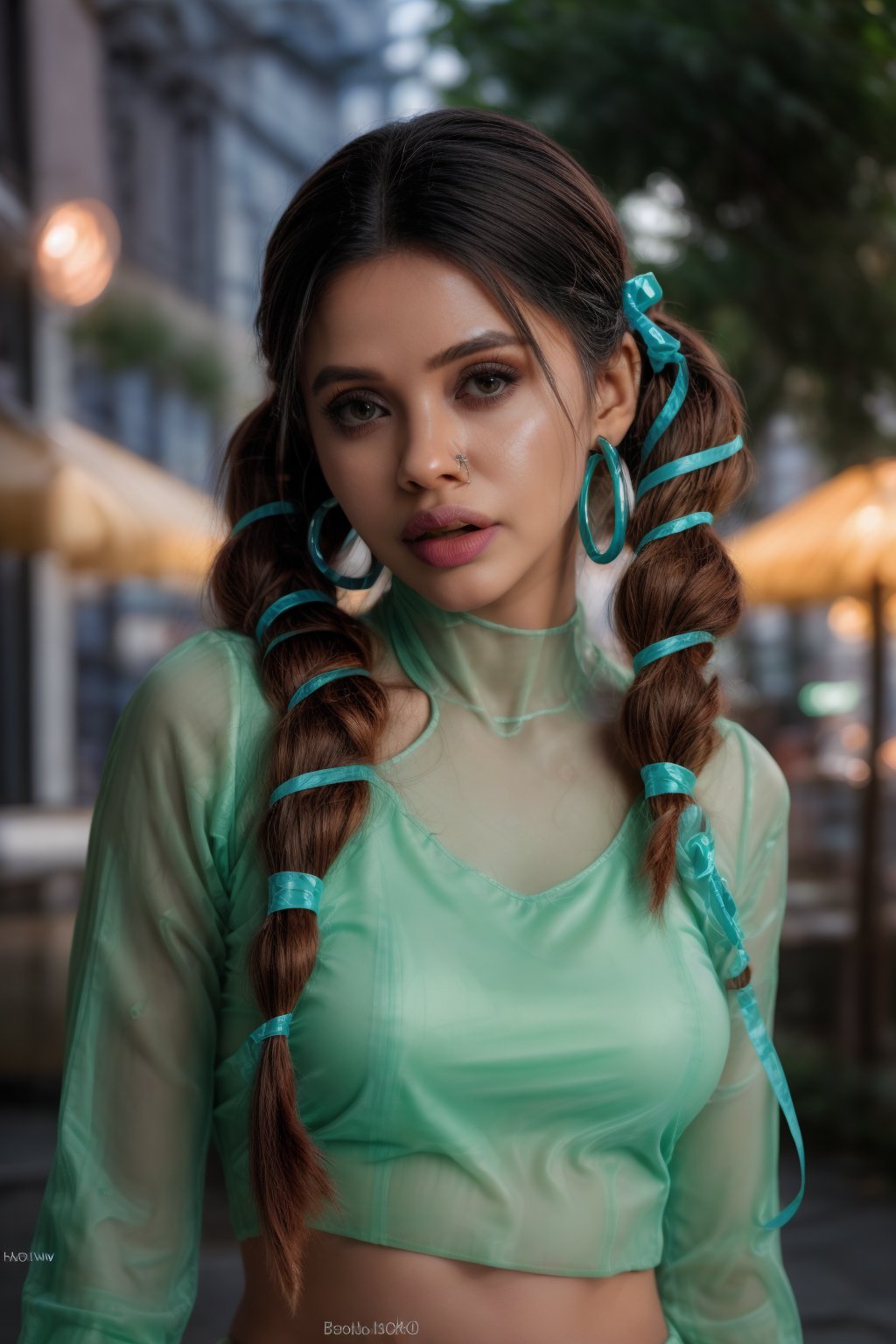 1girl, solo, long hair, looking at viewer, simple background, brown hair, shirt, black hair, long sleeves, Neon city background, ribbon, twintails, brown eyes, jewelry, hair ribbon, upper body, earrings, parted lips, midriff, dark skin, dark-skinned female, crop top, hoop earrings, realistic, multi-tied hair, cinematic angle, (cinematic shadows, bokeh, depth of field:1.3) , (High detail RAW Photo), (extremely detailed skin, photorealistic, heavy shadow, dramatic and cinematic lighting, key light, fill light), sharp focus, cinematic,  In stunning HDR and UHD, this unreal engine creation pops with gorgeous light and shadow.,