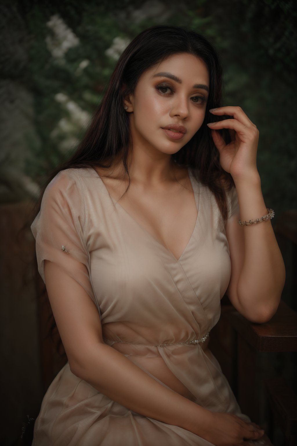 A young woman with long, black hair and striking features sits confidently in a serene grey environment. Her luscious locks cascade down her back, adorned with a delicate ornament, as she gazes directly at the viewer with piercing black eyes and subtle, closed lips. She wears a stunning mallu-inspired outfit, accentuated by a sash around her waist. The framing of the shot focuses on her upper body, emphasizing her sensual pose.