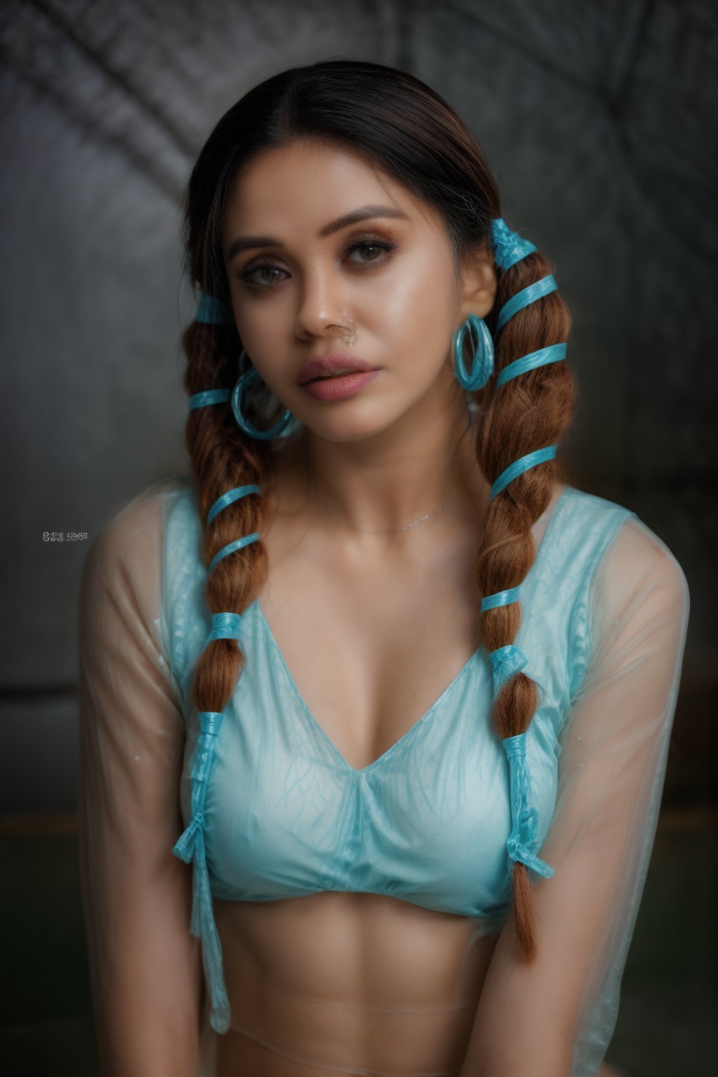 Here is the prompt:

A 30-year-old woman with long brown hair and dark skin gazes directly at the viewer from a neon-lit city background. Her upper body is adorned with a crop top, hoop earrings, and a ribbon tied in her twintails. Simple yet dramatic lighting casts heavy shadows, accentuating the sharp focus on her parted lips and detailed skin. Cinematic angles, bokeh, and depth of field (1.3) create a realistic, photorealistic portrait with stunning HDR and UHD quality.,CostumeDesigning