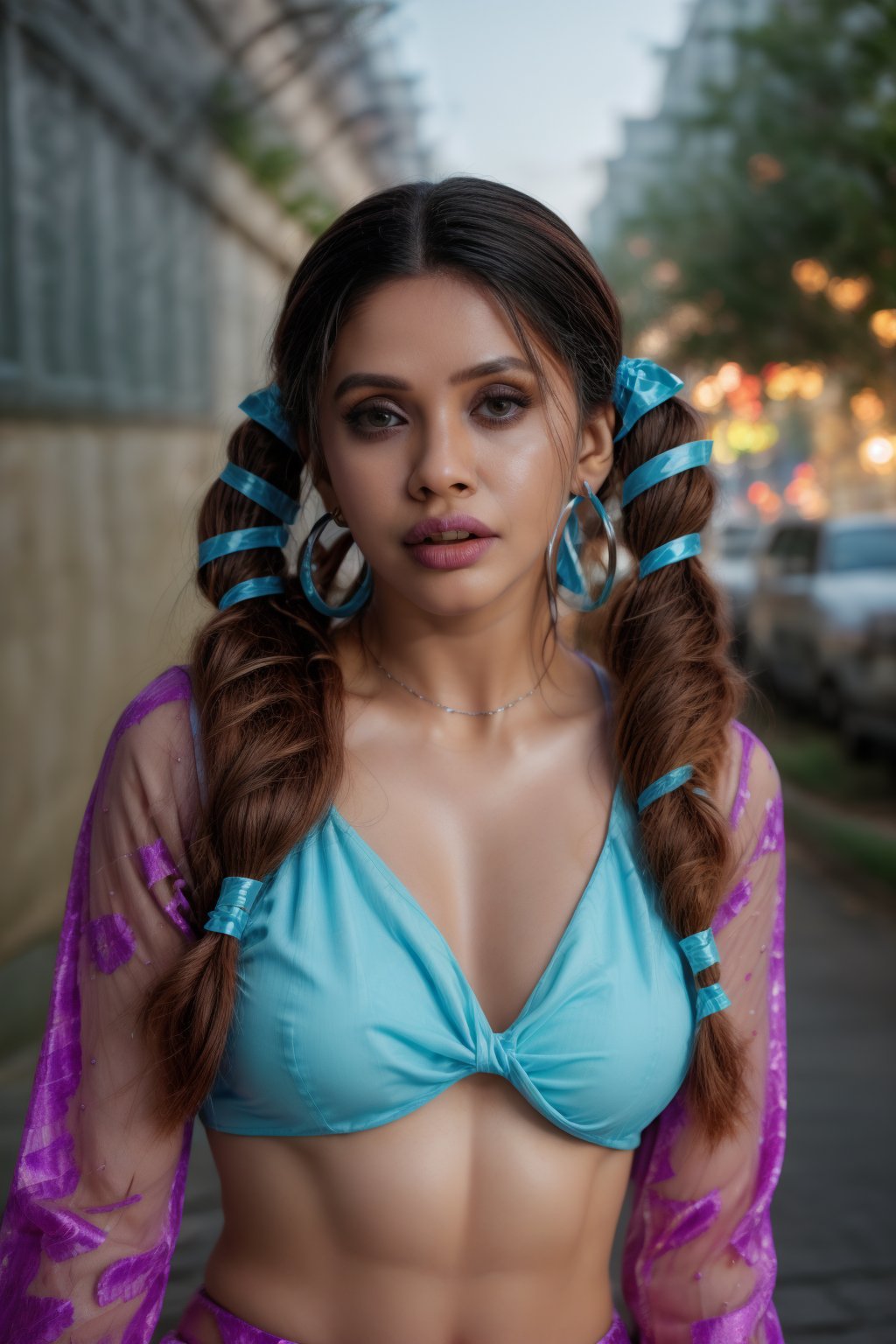 30 years old woman, solo, long hair, looking at viewer, simple background, brown hair, shirt, black hair, long sleeves, Neon city background, ribbon, twintails, brown eyes, jewelry, hair ribbon, upper body, earrings, parted lips, midriff, dark skin, dark-skinned female, crop top, hoop earrings, realistic, multi-tied hair, cinematic angle, (cinematic shadows, bokeh, depth of field:1.3) , (High detail RAW Photo), (extremely detailed skin, photorealistic, heavy shadow, dramatic and cinematic lighting, key light, fill light), sharp focus, cinematic,  In stunning HDR and UHD,