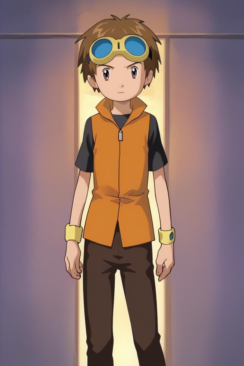 score_9, score_8_up, score_7_up, score_6_up, masterpiece, best quality, amazing quality, best aesthetic, absurdres, intricate details, detailed face, source_anime,takato matsuki, brown hair, brown eyes, 1boy, male focus, solo, goggles orange vest, black shirt, brown pants, male focus<lora:EMS-434111-EMS:1.000000>