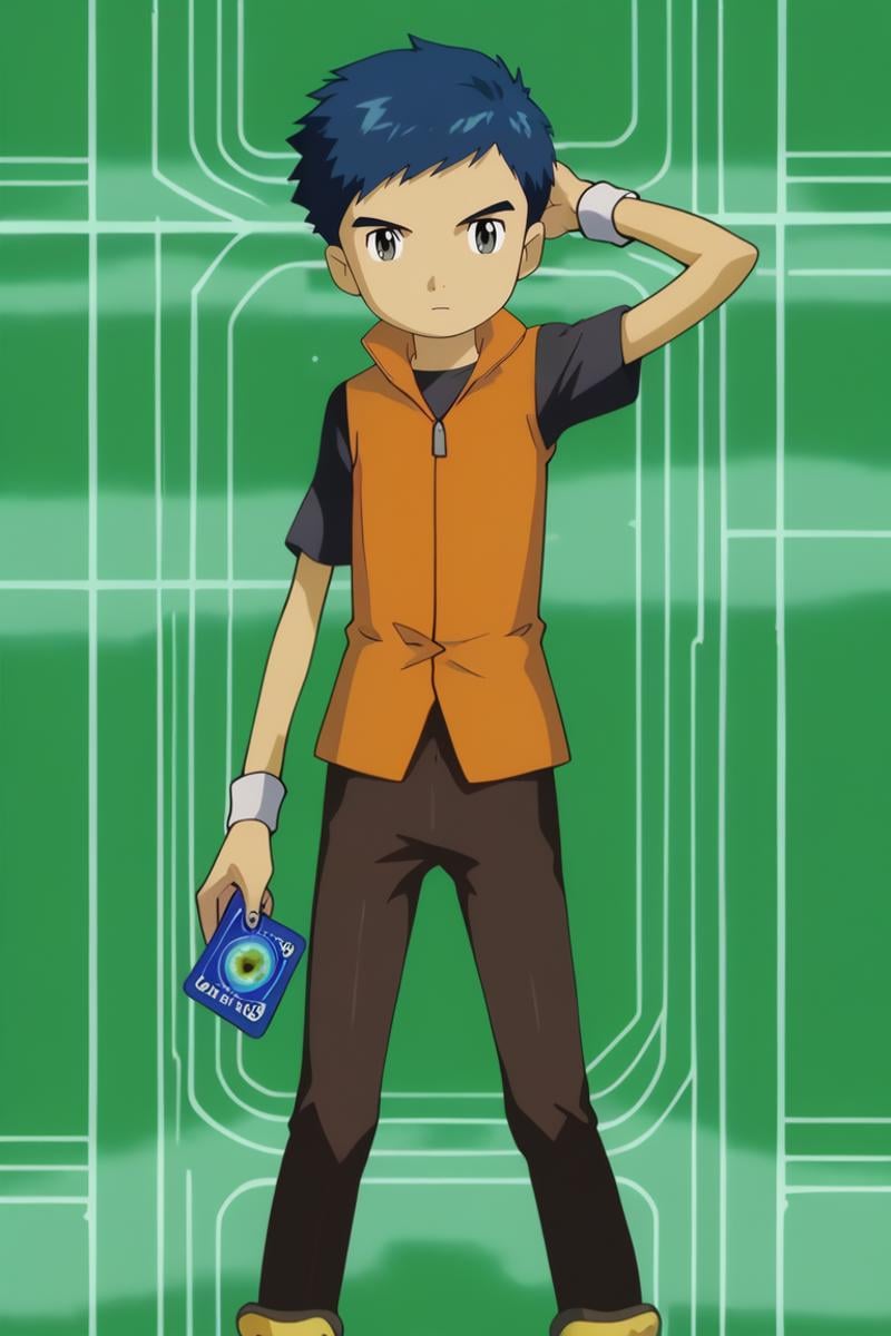 score_9, score_8_up, score_7_up, score_6_up, masterpiece, best quality, amazing quality, best aesthetic, absurdres, intricate details, detailed face, source_anime,henry wong, blue hair, grey eyes, orange vest, black shirt, 1boy, male focus, card, holding, holding card, wristband, solo, vest, standing, arm up, pants, brown pants<lora:EMS-434111-EMS:1.000000>