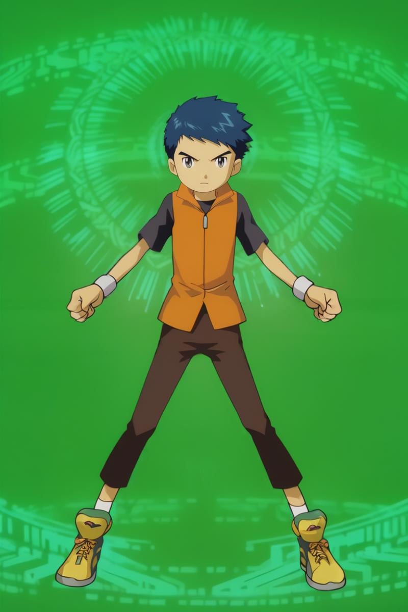 score_9, score_8_up, score_7_up, score_6_up, masterpiece, best quality, amazing quality, best aesthetic, absurdres, intricate details, detailed face, source_anime,henry wong, blue hair, grey eyes, green theme, matrix evolution, energy, solo, 1boy, male focus, orange vest, black shirt,wristband, brown pants, short hair, glowing, circle, full body,fight stance<lora:EMS-434111-EMS:1.000000>