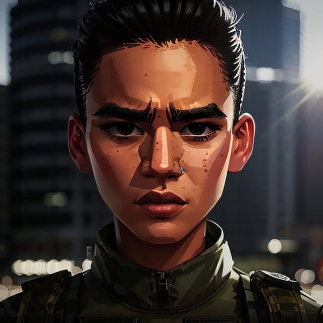 full format portrait of Modern Warfare, realistic skin, Meybis Ruiz Cruz, photorealistic, perfectly framed portrait, style features, backlighting, in the style of the cycle frontier, SAM YANG, More Detail, photorealistic, 3DMM,MRC,MeybisRuizCruz