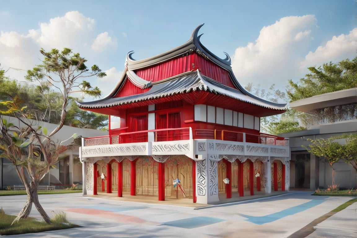 This image appears to be a digitally created or manipulated representation of a building, designed in a style that suggests tropical or exotic influences. The use of red and white is evocative of certain Asian architectural styles, but without additional context, it's challenging to determine the specific background of this image.