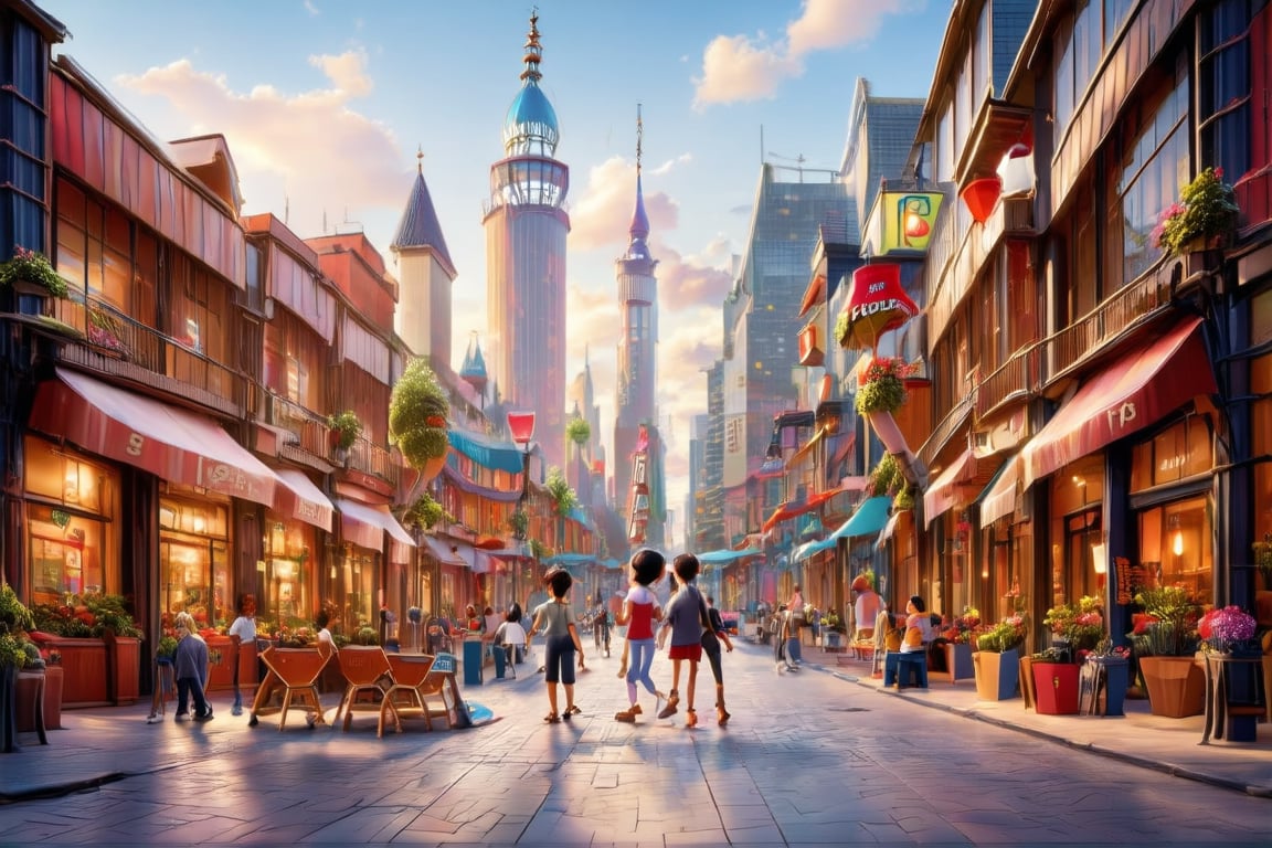 This image is an urban environment, focusing on the architectural and commercial aspects. It's designed to represent a bustling city street with shops and cafes, inviting viewers to imagine the sounds and activities within such a setting.,pixar style