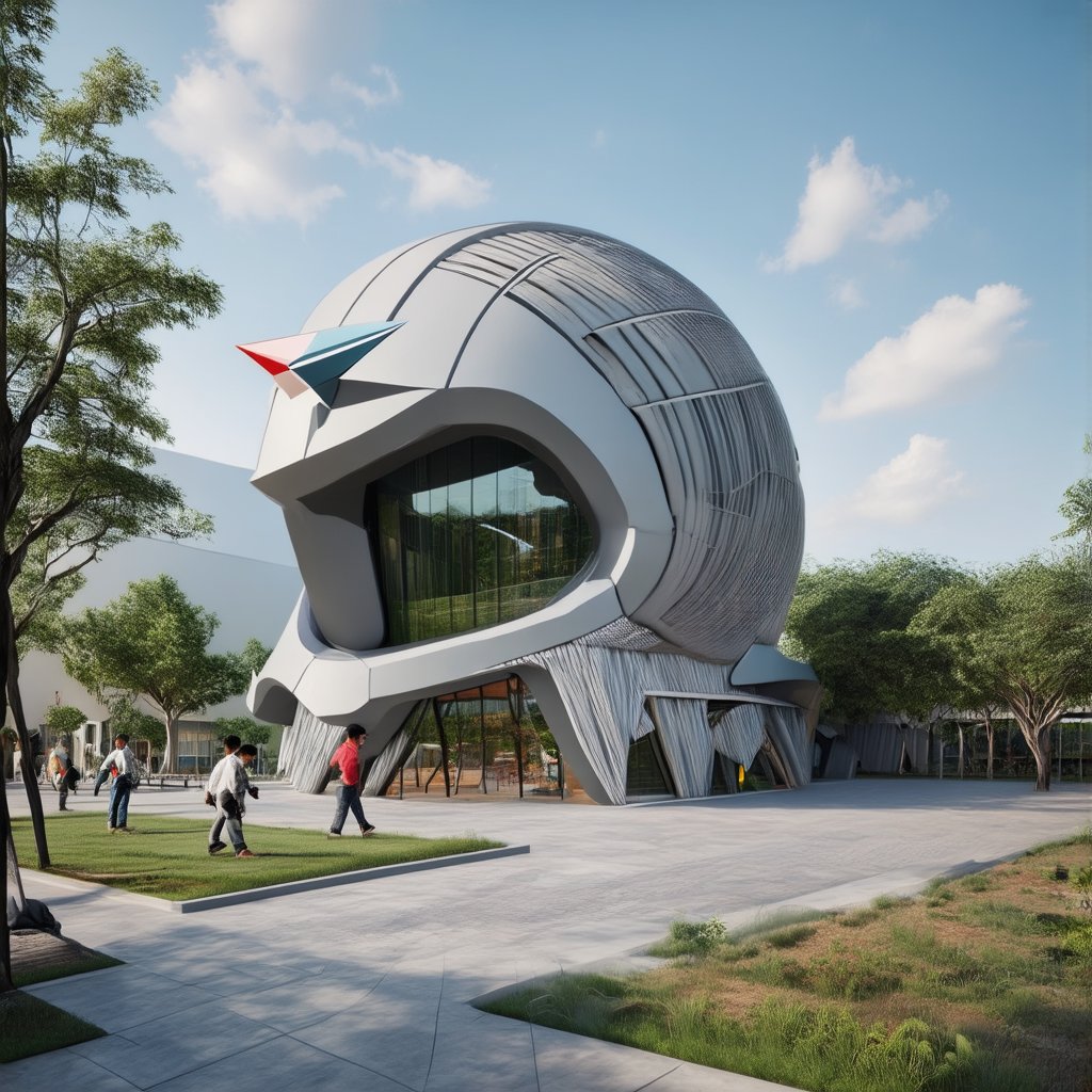 A 3D render of a modern public building with a unique helmet-shaped design, inspired by Vietnam's historical architecture and paper plane illustrations. The building features clean, contemporary lines with playful paper plane motifs integrated into the facade. The composition focuses on the building's distinctive shape, with a close-up view of the smooth, curved surfaces and detailed paper plane embellishments. The lighting is dynamic, casting shadows that accentuate the building's geometric forms. The setting is a vibrant urban park, with people interacting with the structure, capturing a blend of modern aesthetics and cultural inspiration.