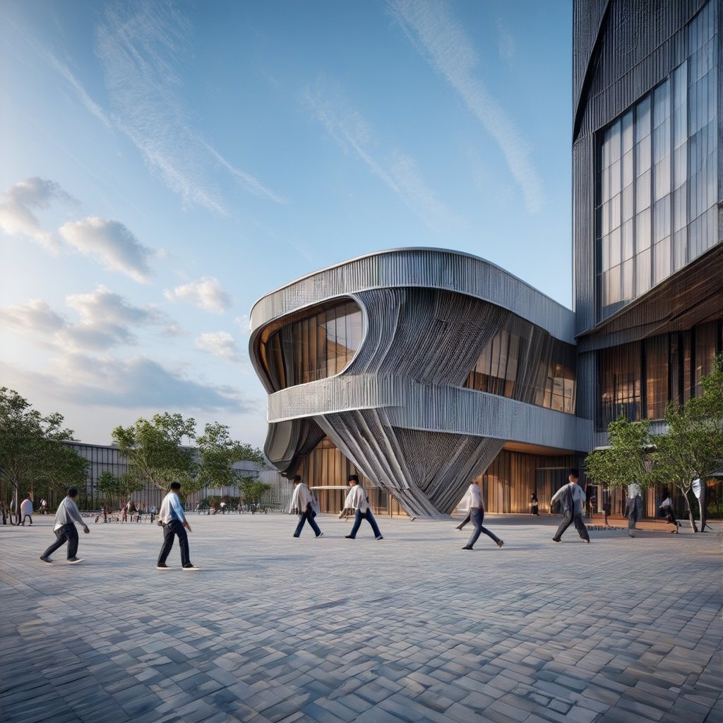 A 3D render of a modern public building, inspired by Vietnam's historical architecture. The building features sleek, contemporary lines with subtle nods to traditional Vietnamese design elements, such as curved eaves and intricate latticework. The composition is centered on the building's facade, showcasing its symmetry and geometric patterns. The lighting is bright and clear, highlighting the building's polished surfaces and glass panels. The setting is a bustling urban plaza, with people moving around the structure, capturing a sense of modernity and cultural heritage.