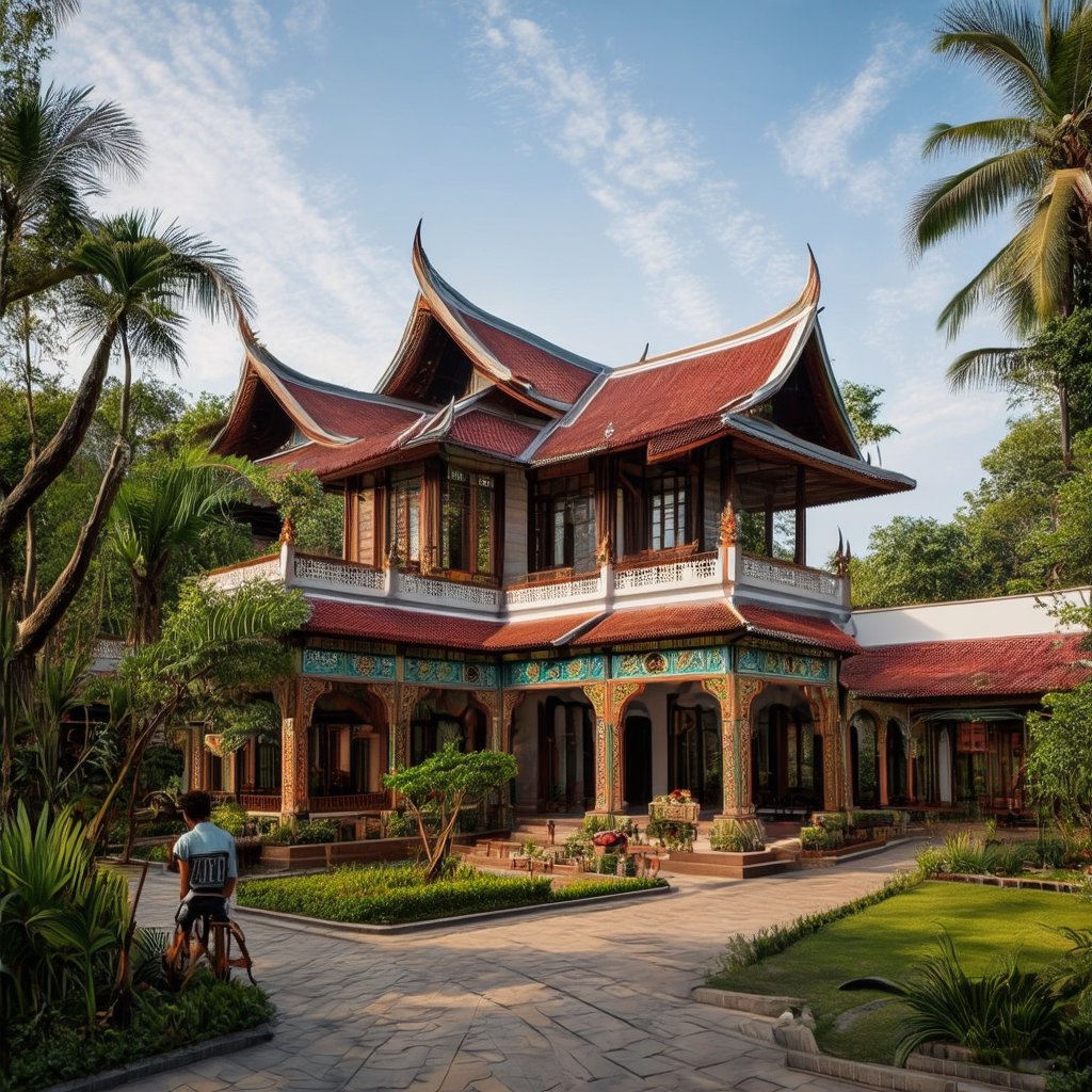 A detailed depiction of an Indochina-style building, showcasing intricate architectural elements, traditional motifs, and ornate carvings. The composition captures the building's grandeur with a wide-angle view, highlighting its intricate rooflines and decorative facades. The lighting is soft and warm, emphasizing the rich textures and colors of the building. The scene is set in a lush tropical environment, with vibrant greenery framing the structure.