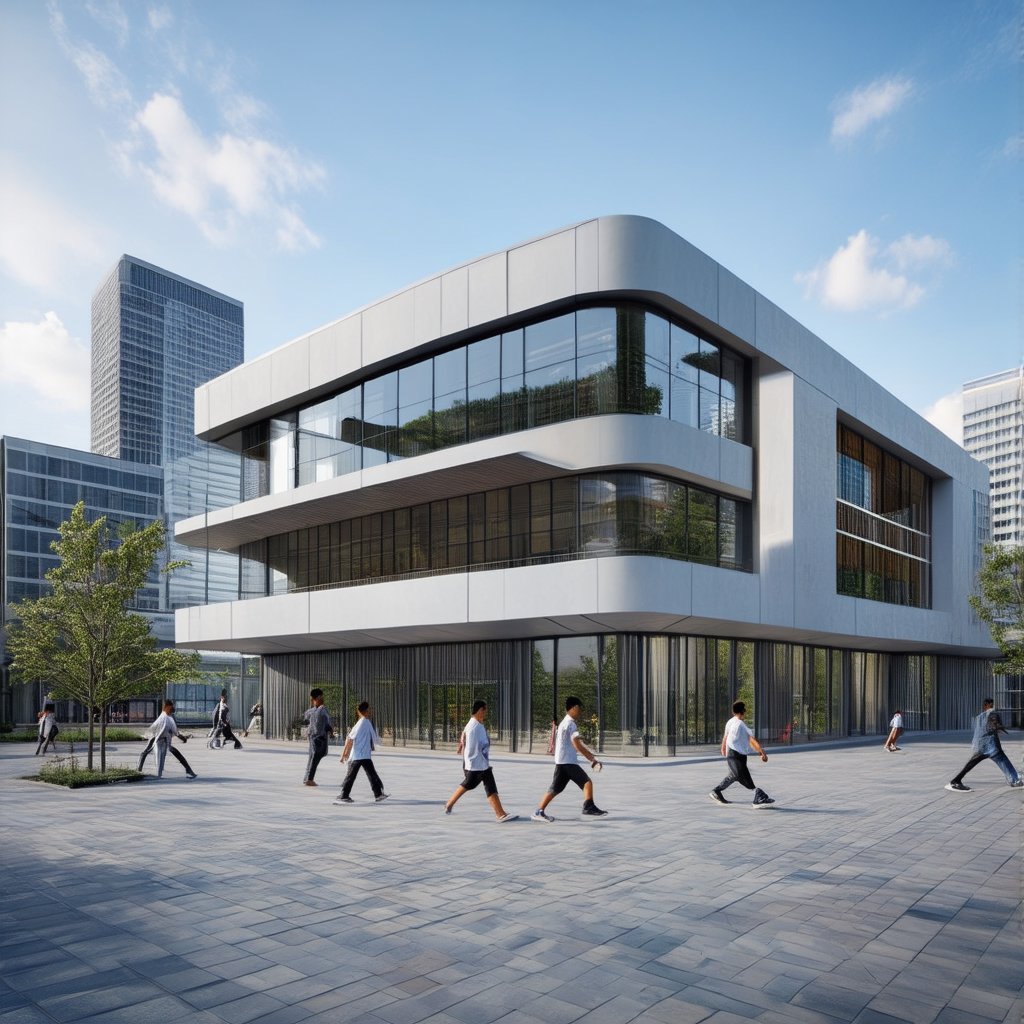 A 3D render of a modern public building with a sleek, minimalist design, inspired by contemporary architectural trends. The building features clean lines, large glass panels, and a geometric structure that stands out against the skyline. The composition captures the building's angular facade, with a perspective view that highlights its sharp edges and reflective surfaces. The lighting is crisp and bright, emphasizing the building's modernity and simplicity. The setting is a bustling cityscape, with people moving around the structure, showcasing its integration into a dynamic urban environment.