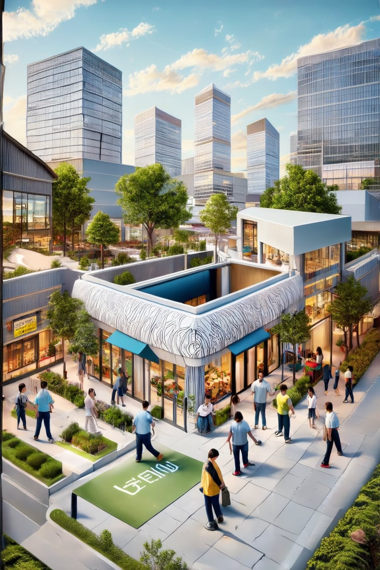 This image is  designed to evoke a sense of community and vibrancy through the depiction of diverse businesses and people engaging with the environment. The illustration style is detailed and realistic, suggesting that it may be used to attract attention to a real-world location or to represent a concept in a way that feels familiar and accessible.,Realistic Enhance,Perfect Architecture