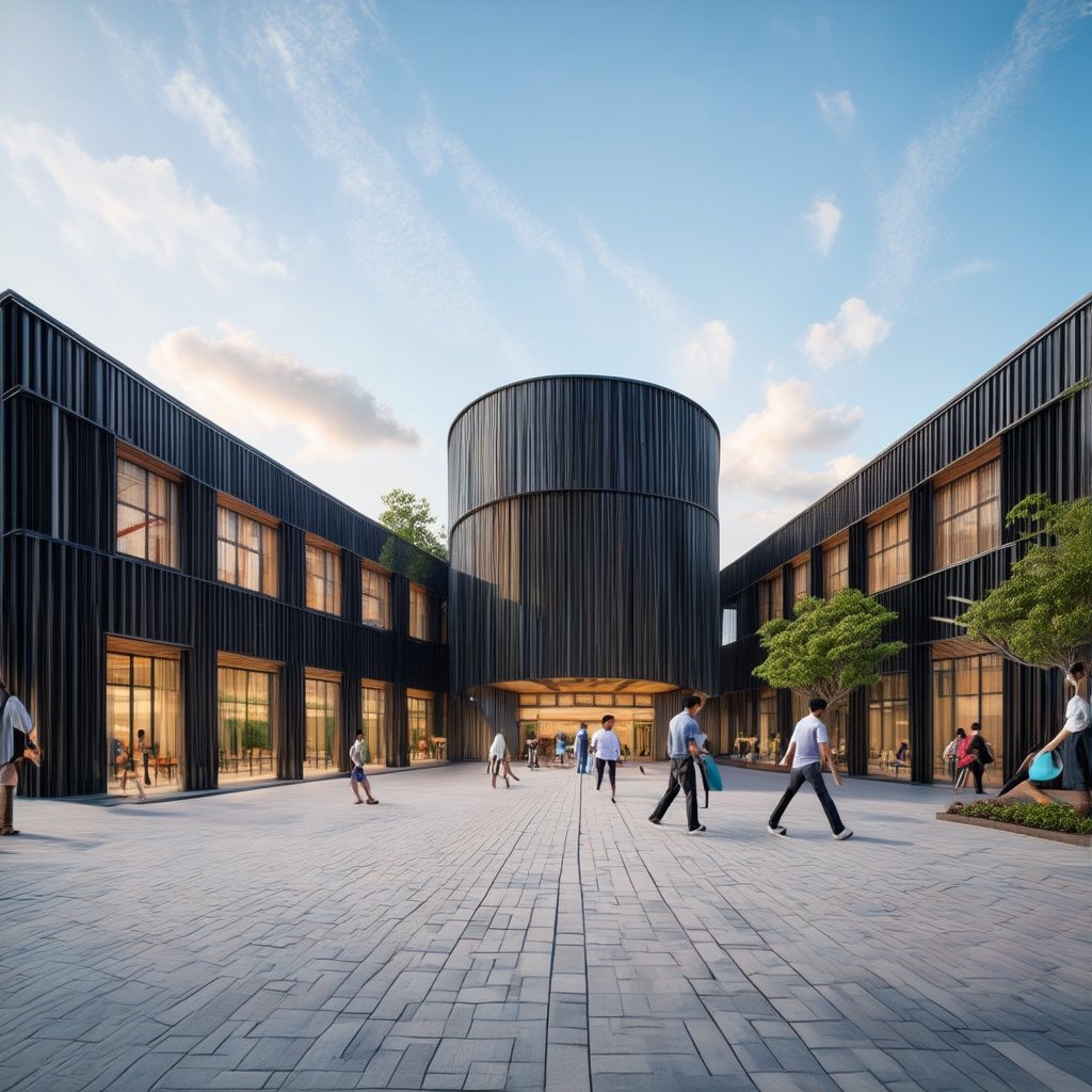 A 3D render of a modern public building, inspired by Vietnam's historical architecture. The building features sleek, contemporary lines with subtle nods to traditional Vietnamese design elements, such as curved eaves and intricate latticework. The composition is centered on the building's facade, showcasing its symmetry and geometric patterns. The lighting is bright and clear, highlighting the building's polished surfaces and glass panels. The setting is a bustling urban plaza, with people moving around the structure, capturing a sense of modernity and cultural heritage.