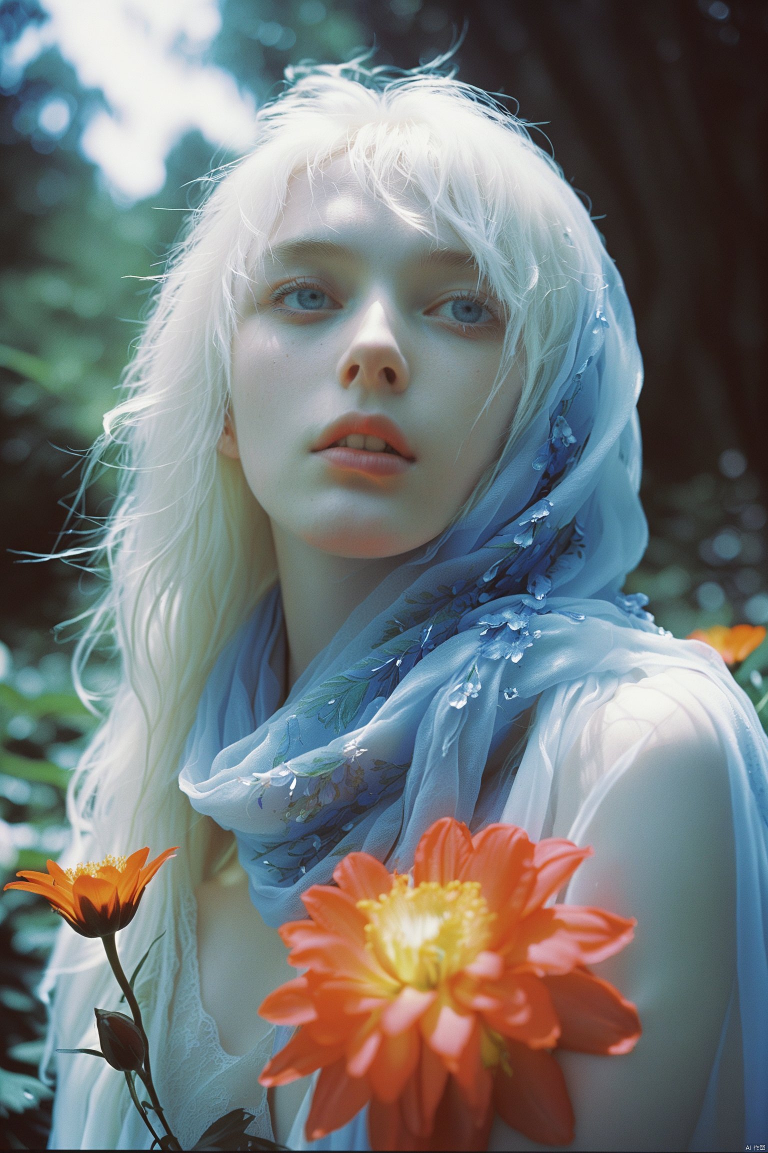 photograph, In a surreal and unexpected world, a fierce woman with long white hair and sparkling blue eyes stares out into the sky with piercing ice blue eyes. She wears a flowing red scarf that flows around her body, adding to its intensity. The scene is set in a lush forest, with flowers of every color blooming around it. The woman's face seems almost otherworldly. at Sunrise, Wide view, Cel shading, Confused, Feralcore, double exposure, Ilford HP5, vanishing point, Albumen, (key visual, cinematic grey Color grading)