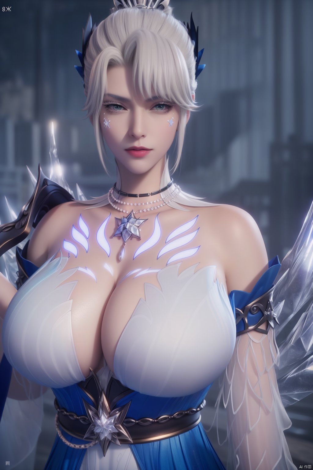 (8k, RAW photo, best quality, masterpiece:1.2), (realistic, photorealistic:1.3), ultra-detailed, extremely detailed cg 8k wallpaper, (crystalstexture skin:1.2), extremely delicate and beautiful,1girl,white hair,hair ornament,Facial markers,(big breasts),(looking at viewer:1.2),cowboy shot,chinese clothes,dress