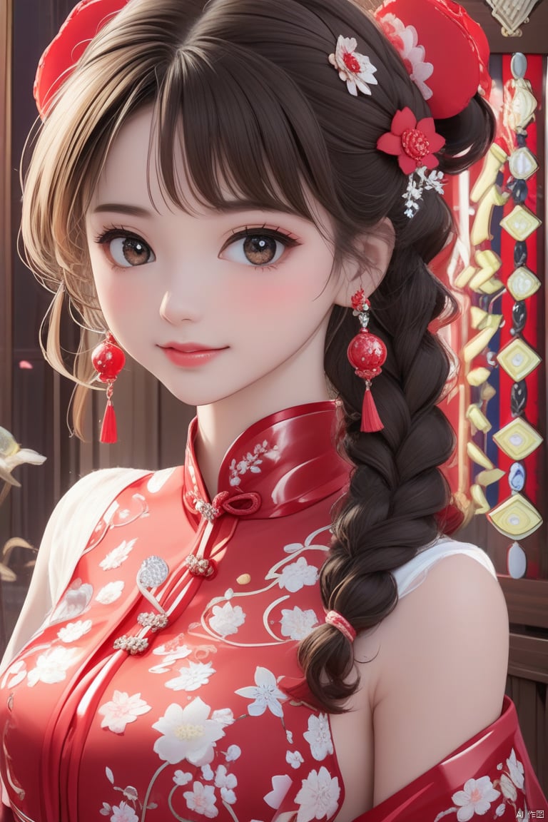 medium breasts:, upper body, masterpiece, top quality, official art, beautiful and aesthetic, 1girl, extreme detailed eyes, fractal art:1.3, highest detailed, perfect face, shiny skin, HDR, galaxy, light streaks, striking visuals, tutututu, see-through, cheongsam, cheongsam, tutututu, girl, red earrings, red jewelry, 1 girl, blonde hair, 1 girl, best quality