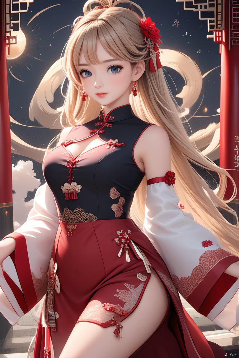 medium breasts:, upper body, masterpiece, top quality, official art, beautiful and aesthetic, 1girl, extreme detailed eyes, fractal art:1.3, highest detailed, perfect face, shiny skin, HDR, galaxy, light streaks, striking visuals, tutututu, see-through, cheongsam, cheongsam, tutututu, girl, red earrings, red jewelry, 1 girl, blonde hair, 1 girl, best quality