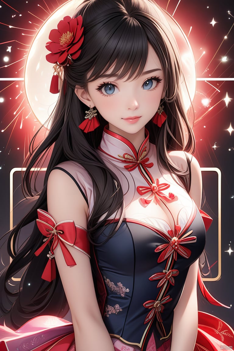 medium breasts:, upper body, masterpiece, top quality, official art, beautiful and aesthetic, 1girl, extreme detailed eyes, fractal art:1.3, highest detailed, perfect face, shiny skin, HDR, galaxy, light streaks, striking visuals, tutututu, see-through, cheongsam, cheongsam, tutututu, girl, red earrings, red jewelry, 1 girl, blonde hair, 1 girl, best quality,正常的手