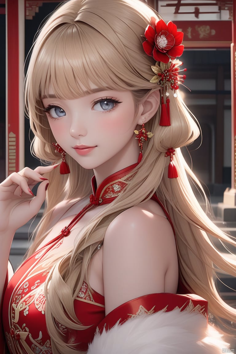 medium breasts:, upper body, masterpiece, top quality, official art, beautiful and aesthetic, 1girl, extreme detailed eyes, fractal art:1.3, highest detailed, perfect face, shiny skin, HDR, galaxy, light streaks, striking visuals, tutututu, see-through, cheongsam, cheongsam, tutututu, girl, red earrings, red jewelry, 1 girl, blonde hair, 1 girl, best quality,正常的手指,上半身,不露手指
