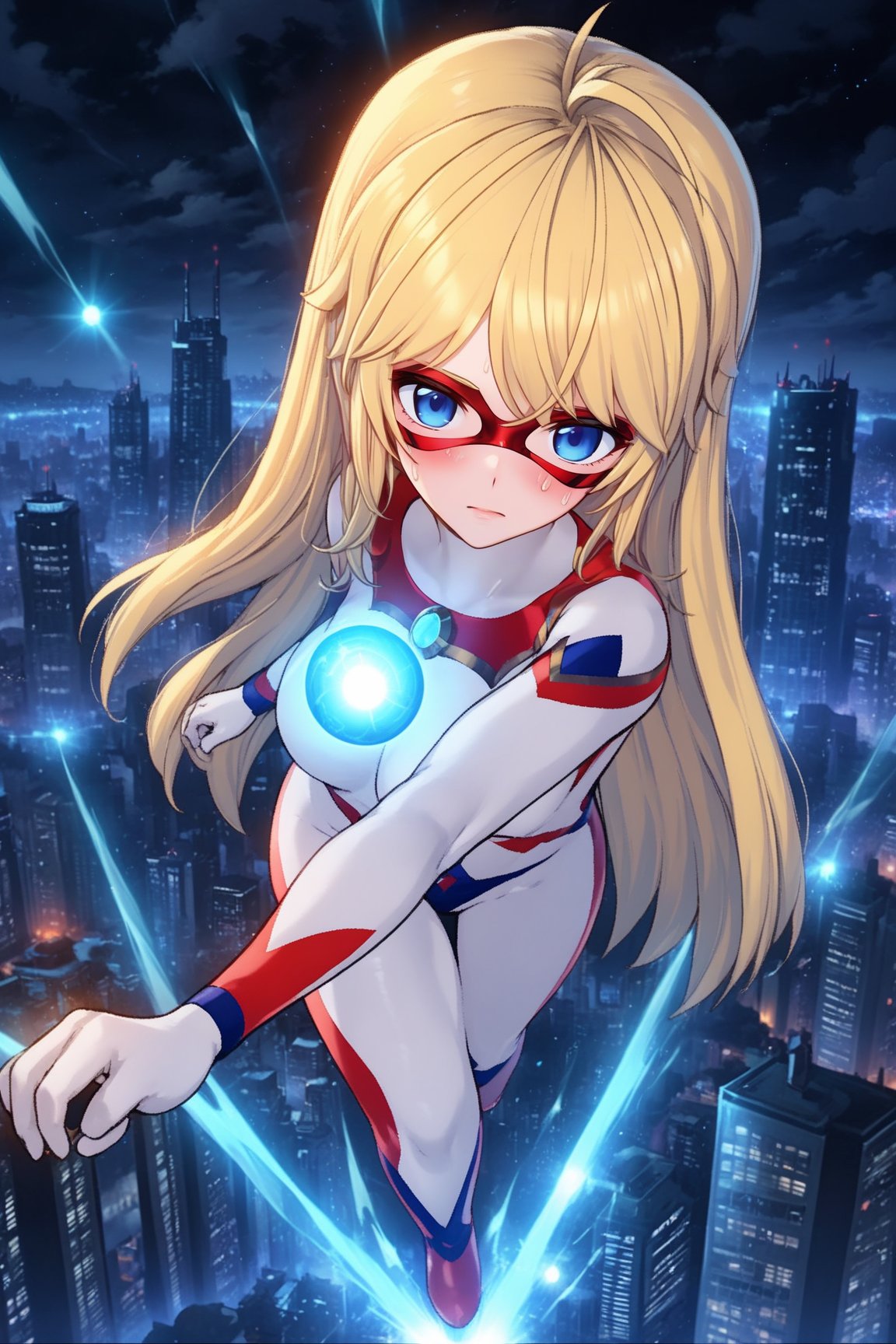 ultragirl freya, close up, from above, energy ball, attack stance, high tension, city scape, night, 