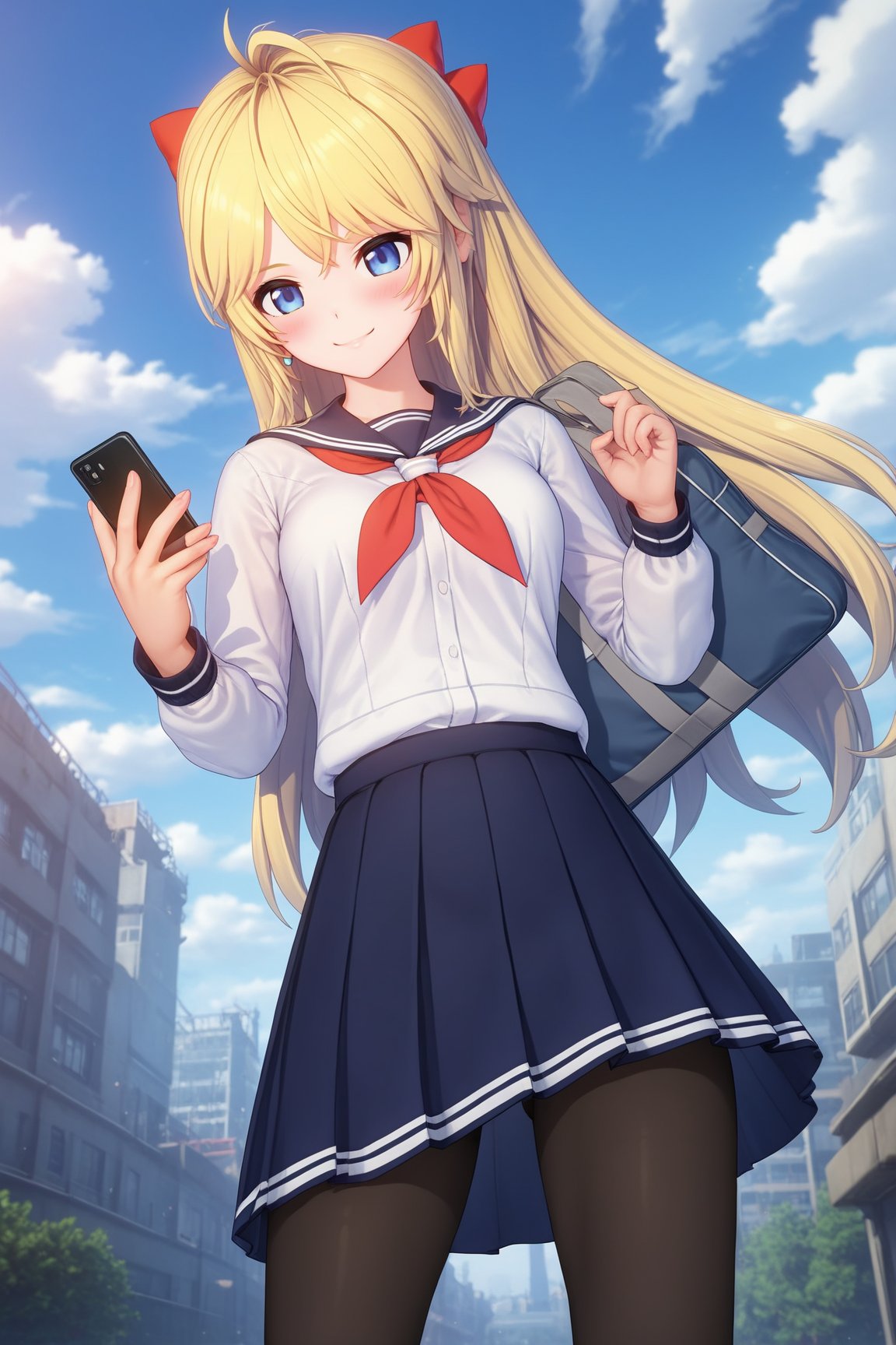 ultragirl freya, school uniform, pleated skirt, white shirt, hair bow, pantyhose, attack stance, sky, day, close up, holding phone