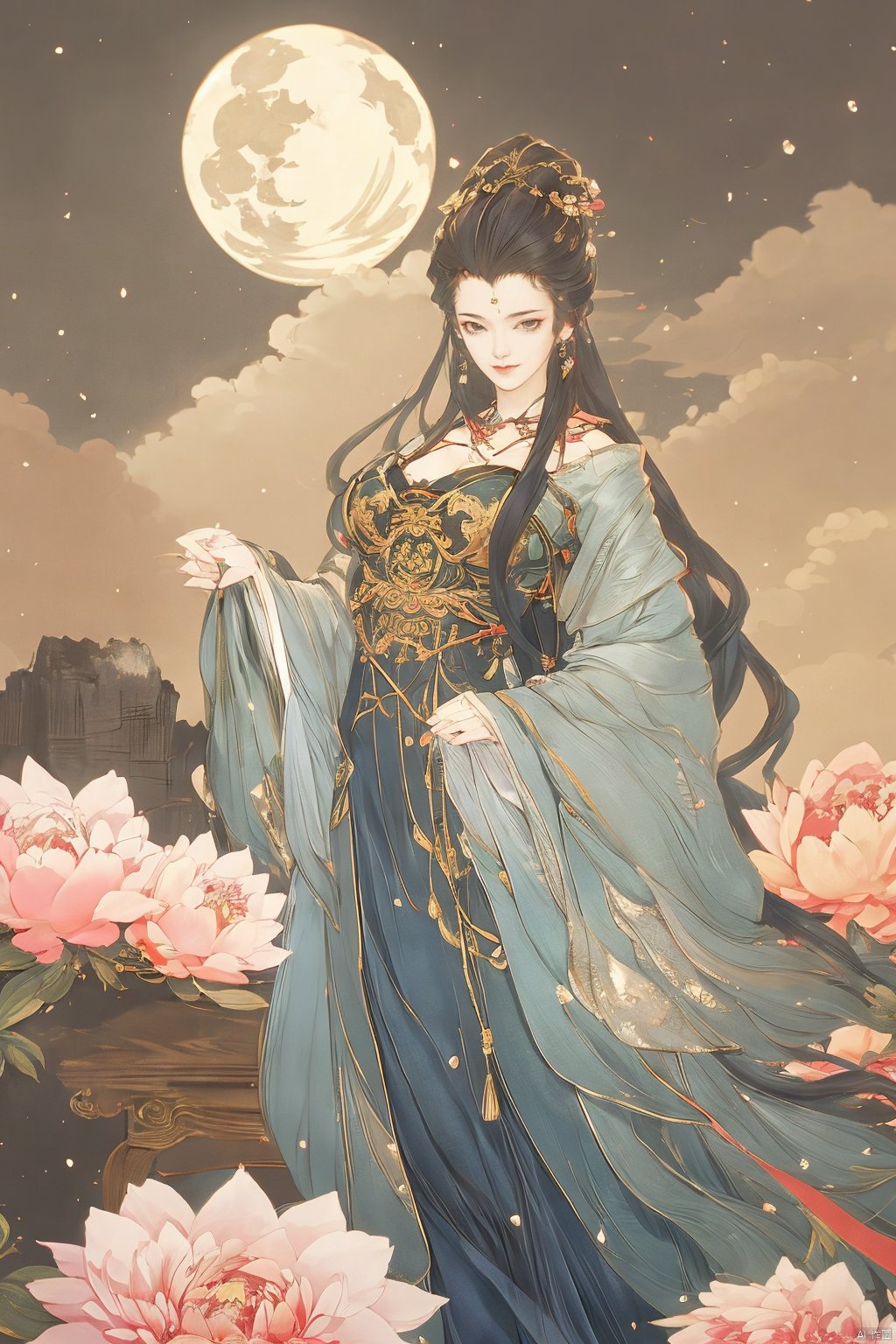 (Masterpiece:1.2), best quality,1girl, looking_at_viewer,(big breasts:1.5),Xyaoye,Large aperture, blurred background, spring scene,flowers,Xsimiaoling,(Peony,full moon:1.23),Xbaiyuerong