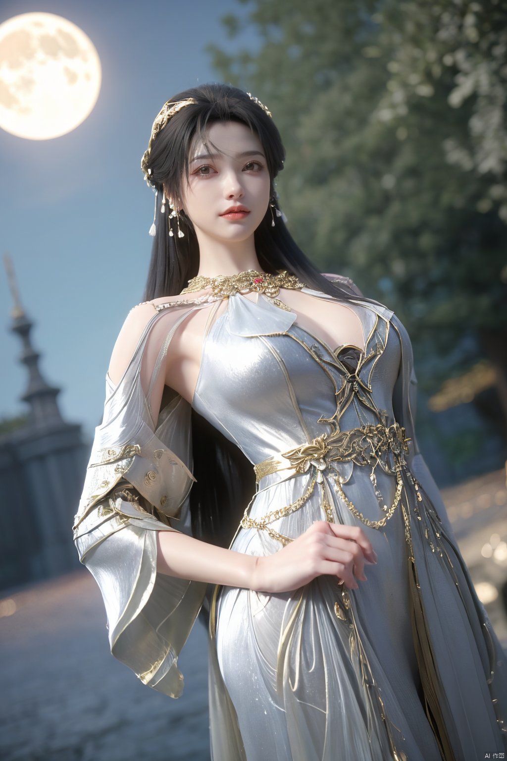 (Masterpiece:1.2), best quality,1girl, looking_at_viewer,(big breasts:1.5),Xyaoye,Large aperture, blurred background, spring scene,flowers,Xsimiaoling,(Peony,full moon:1.23),Xbaiyuerong