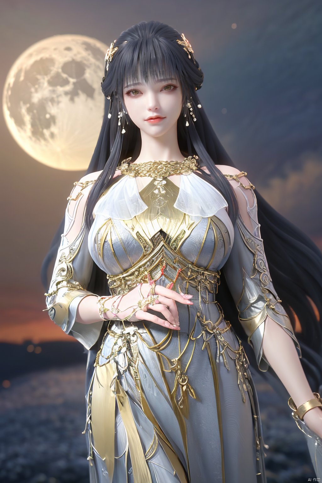 (Masterpiece:1.2), best quality,1girl, looking_at_viewer,(big breasts:1.5),Xyaoye,Large aperture, blurred background, spring scene,flowers,Xsimiaoling,(Peony,full moon:1.23),Xbaiyuerong