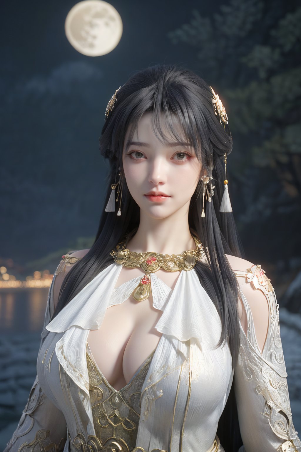 (Masterpiece:1.2), best quality,1girl, looking_at_viewer,(big breasts:1.5),Xyaoye,Large aperture, blurred background, spring scene,flowers,Xsimiaoling,(Peony,full moon:1.23),Xbaiyuerong