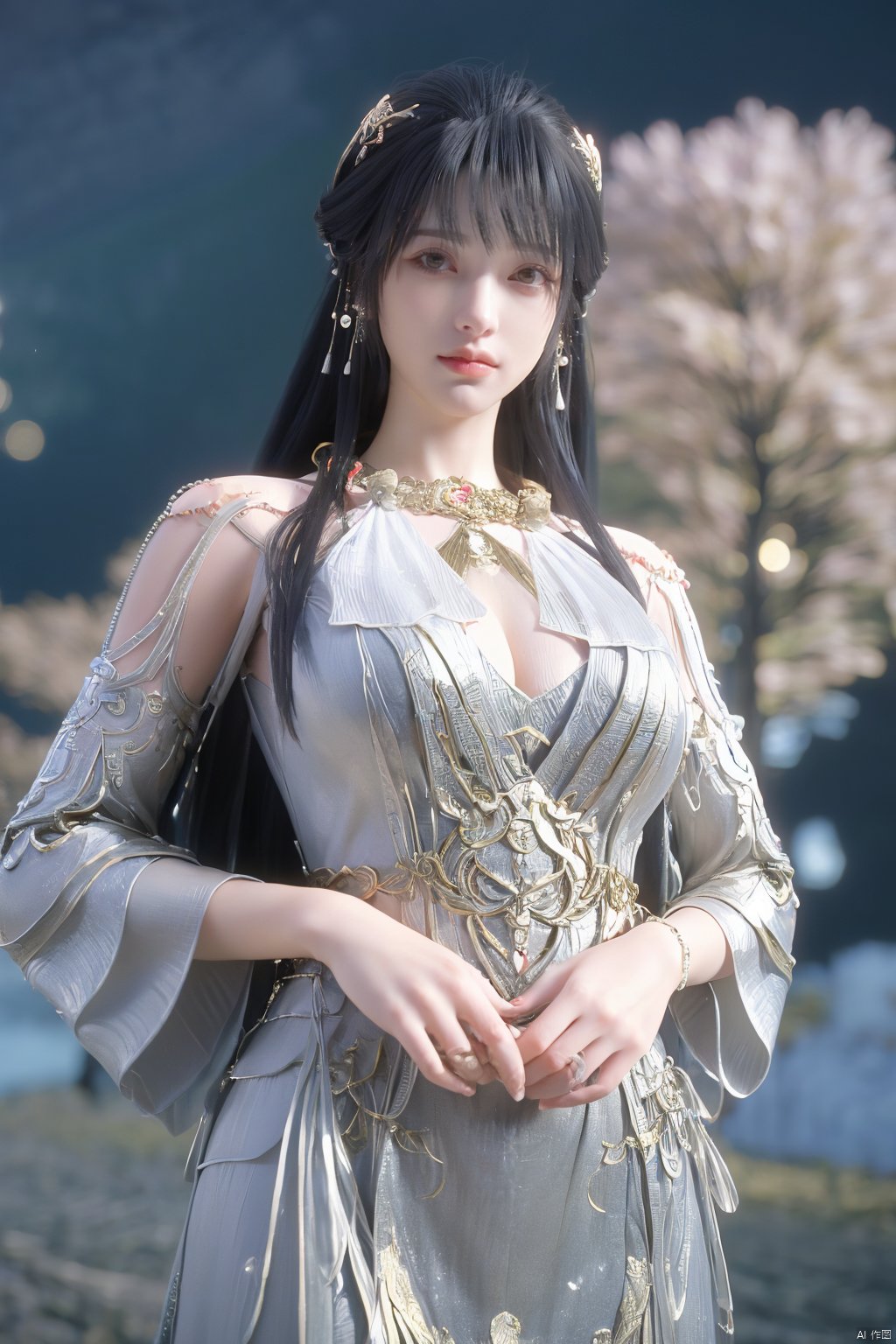 (Masterpiece:1.2), best quality,1girl, looking_at_viewer,(big breasts:1.5),Xyaoye,Large aperture, blurred background, spring scene,flowers,Xsimiaoling,(Peony,full moon:1.23),Xbaiyuerong