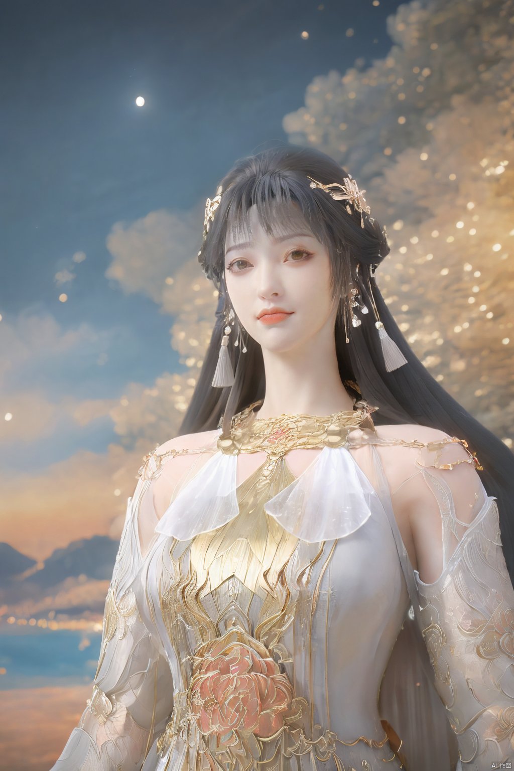 (Masterpiece:1.2), best quality,1girl, looking_at_viewer,(big breasts:1.5),Xyaoye,Large aperture, blurred background, spring scene,flowers,Xsimiaoling,(Peony,full moon:1.23),Xbaiyuerong