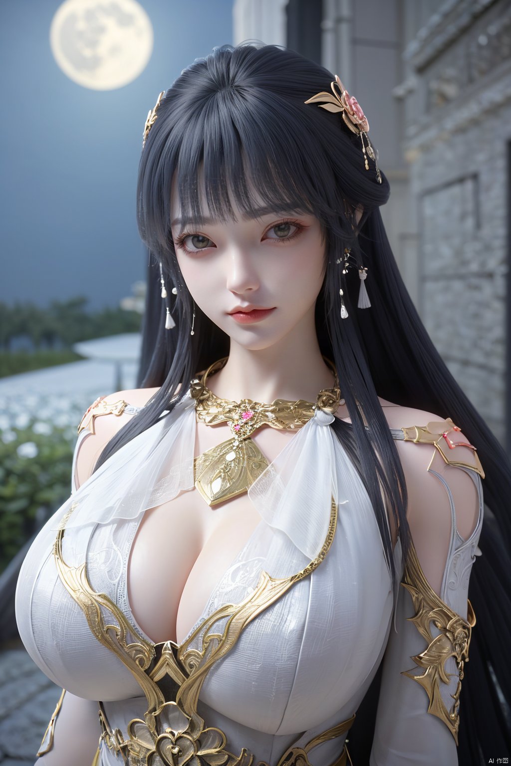 (Masterpiece:1.2), best quality,1girl, looking_at_viewer,(big breasts:1.5),Xyaoye,Large aperture, blurred background, spring scene,flowers,XsimiaolingXbaiyuerong,,(Peony,full moon:1.23),