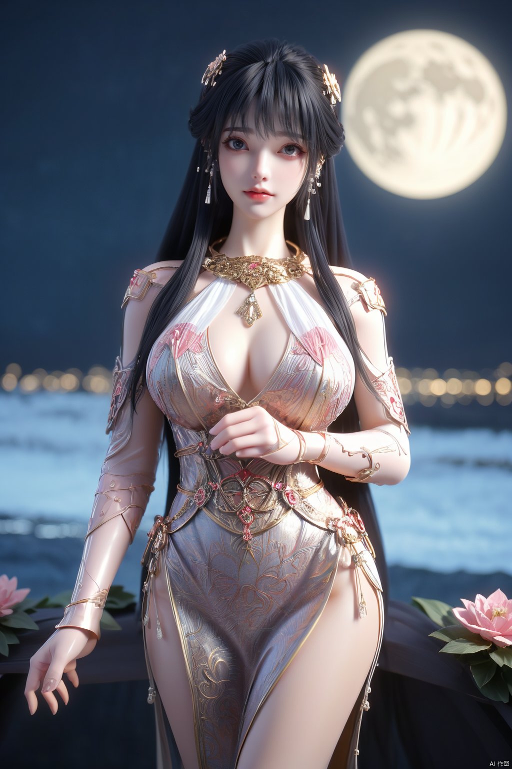 (Masterpiece:1.2), best quality,1girl, looking_at_viewer,(big breasts:1.5),Xyaoye,Large aperture, blurred background, spring scene,flowers,XsimiaolingXbaiyuerong,,(Peony,full moon:1.23),