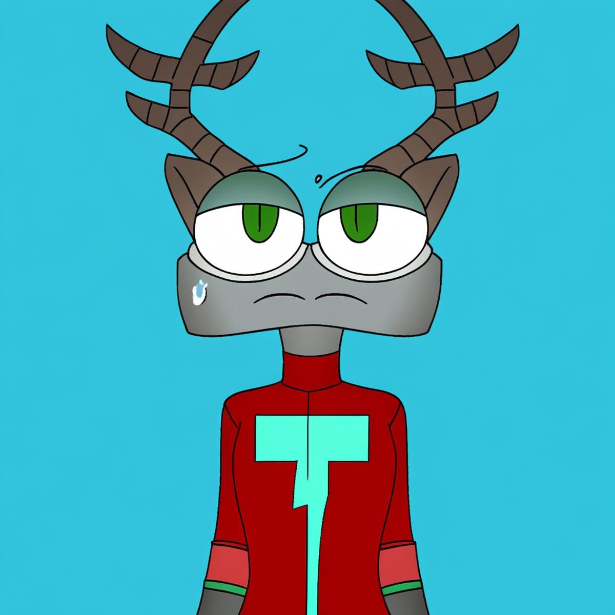 confused, air island, fluff, simple background, light blue body, grey body, stylized, looking at viewer, blue background, red neck, looking at you, red arm, white socks, turquoise body, closed mouth, eyebrows, antlers, green arm, cold island, lightning, hooves, female