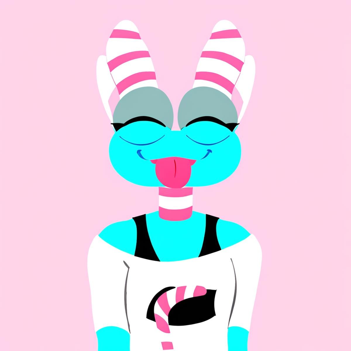 t-shirt, smiling, lineless, closed eyes, aviator hat, blue body, purple connectors, lightning, cold island epic wubbox, greyscale, tail, black bra, eyelashes, tongue out, multicolored neck, open mouth, candy cane horns, food creature, white background, light pink background, off-shoulder sweater, icicles