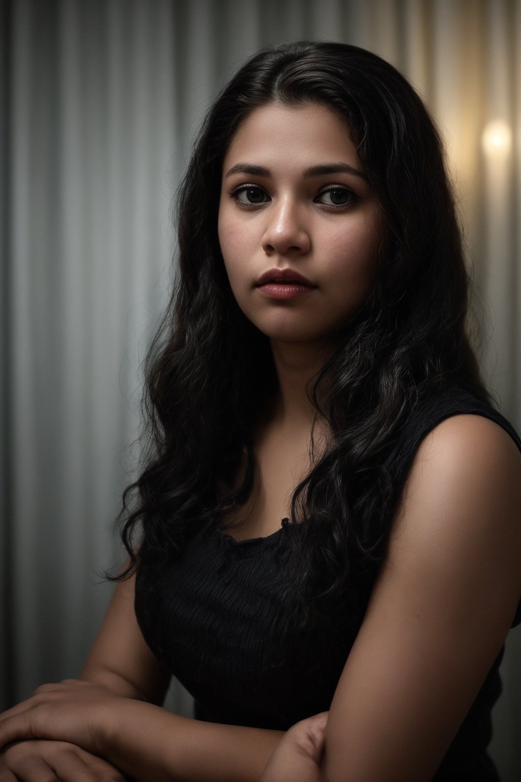 The image is a portrait of a woman, likely taken in a professional setting given the attire and makeup. The background is minimalistic to keep the focus on her. No further background story can be inferred from this image alone.