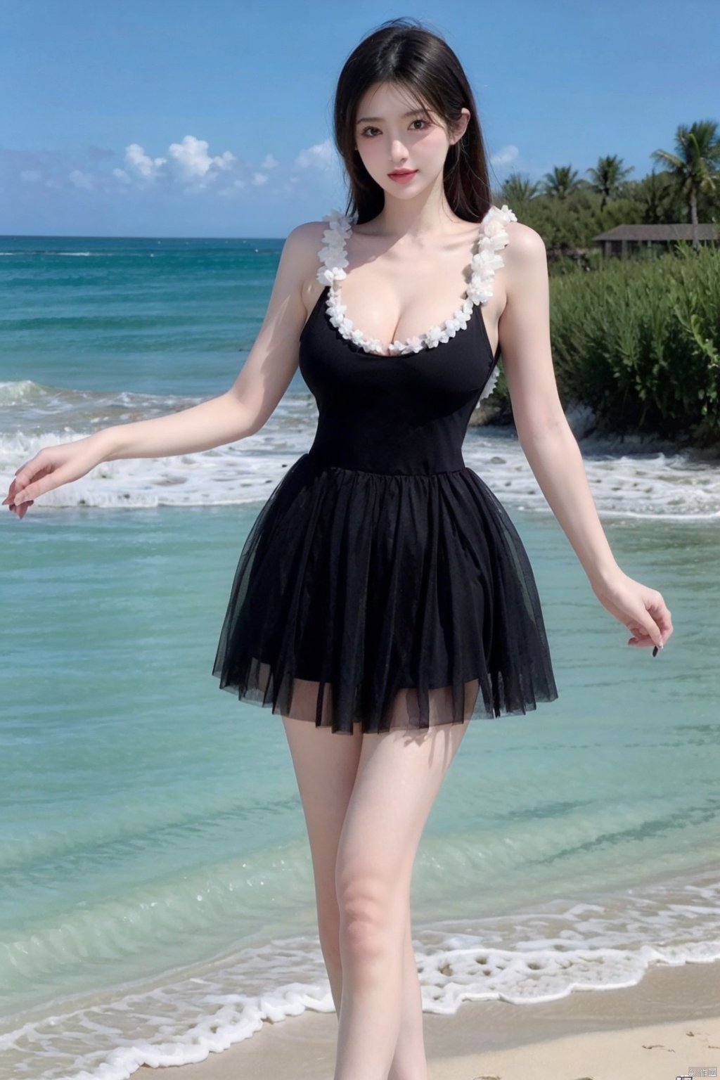 1girl, solo, breasts, ((large breasts, cleavage)),((outdoors,shore:1.1)),looking at viewer,black dress