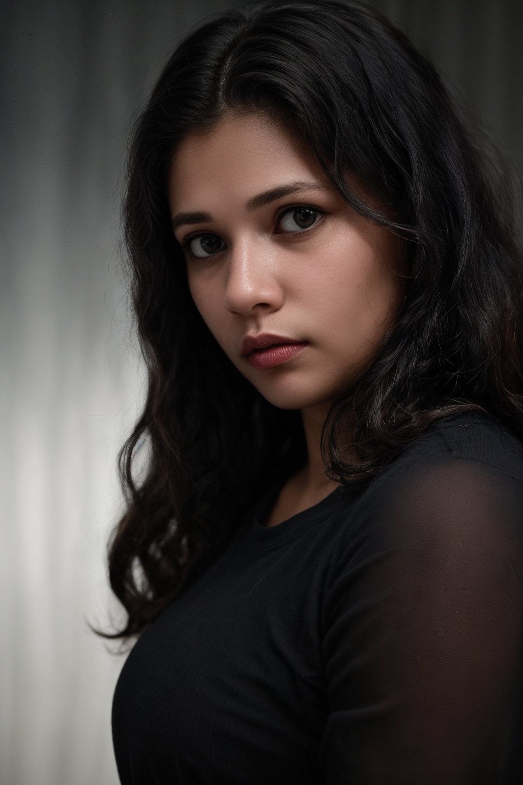 The image is a portrait of a woman, likely taken in a professional setting given the attire and makeup. The background is minimalistic to keep the focus on her. No further background story can be inferred from this image alone.