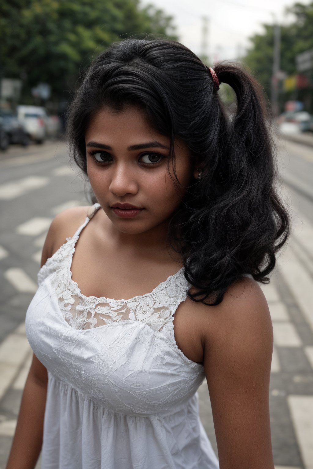 1girl, solo, dark skin, african , long hair, black hair, twintails, jewelry, earrings, lips, realistic, beautiful mallu girl, 18 years old girl, outside, beautiful girl walking on the street , twintail hairstyle 
