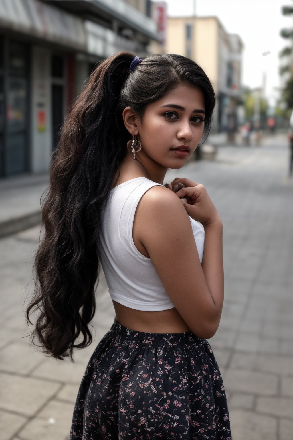 1girl, solo, dark skin, long hair, black hair, twintails, jewelry, earrings, lips, realistic, beautiful mallu girl, 18 years old girl, outside, beautiful girl walking on the street , twintail hairstyle 
