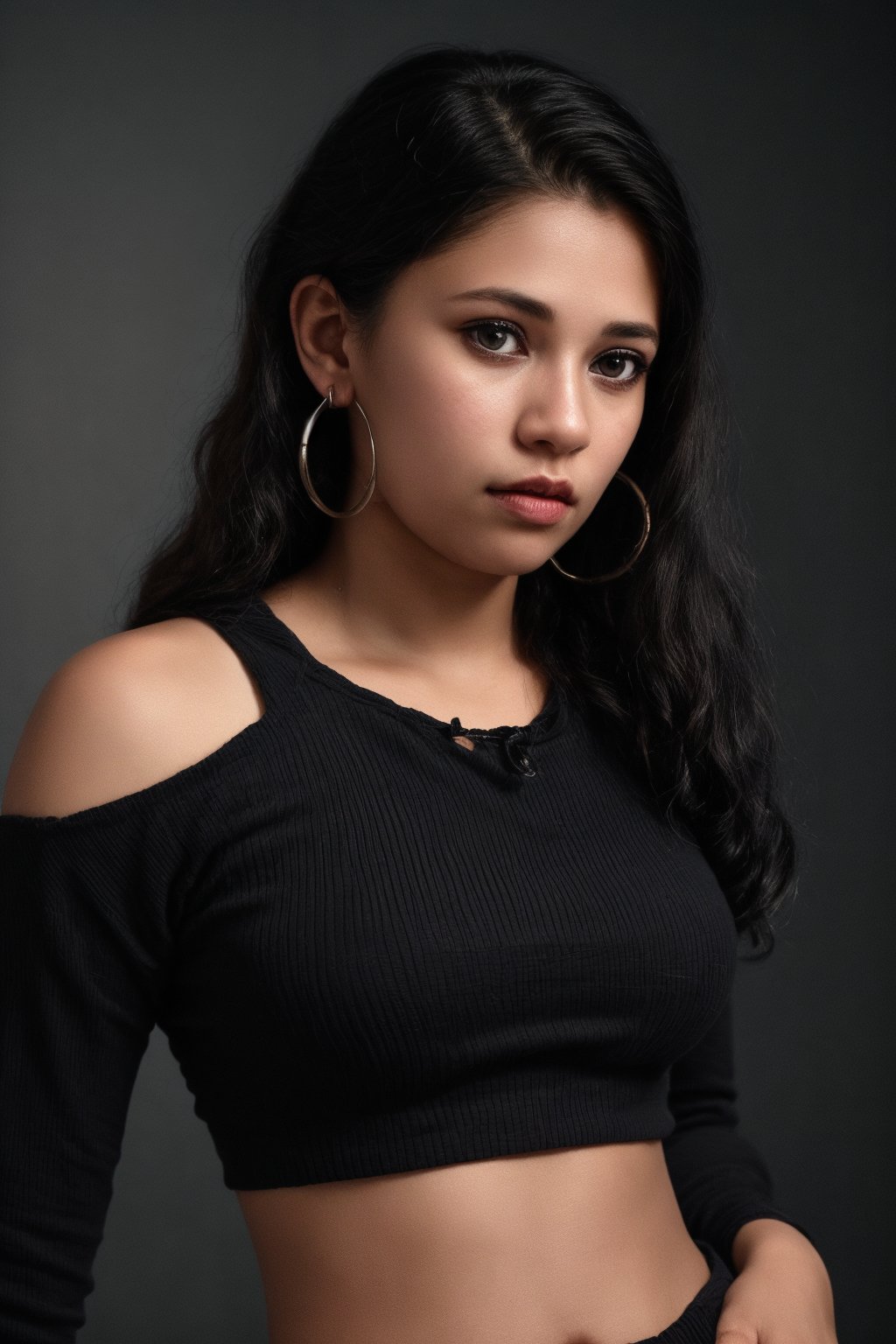 1girl, solo, long hair, looking at viewer, simple background, brown hair, shirt, black hair, long sleeves, white background, ribbon, twintails, brown eyes, jewelry, hair ribbon, upper body, earrings, parted lips, midriff, dark skin, dark-skinned female, crop top, hoop earrings, realistic, multi-tied hairThe image is a portrait of a woman, likely taken in a professional setting given the attire and makeup. The background is minimalistic to keep the focus on her. No further background story can be inferred from this image alone., 