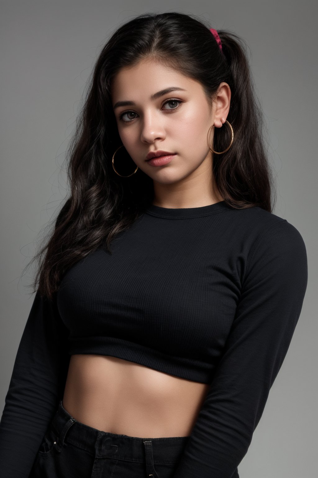 1girl, solo, long hair, looking at viewer, simple background, brown hair, shirt, black hair, long sleeves, white background, ribbon, twintails, brown eyes, jewelry, hair ribbon, upper body, earrings, parted lips, midriff, dark skin, dark-skinned female, crop top, hoop earrings, realistic, multi-tied hairThe image is a portrait of a woman, likely taken in a professional setting given the attire and makeup. The background is minimalistic to keep the focus on her. No further background story can be inferred from this image alone., 