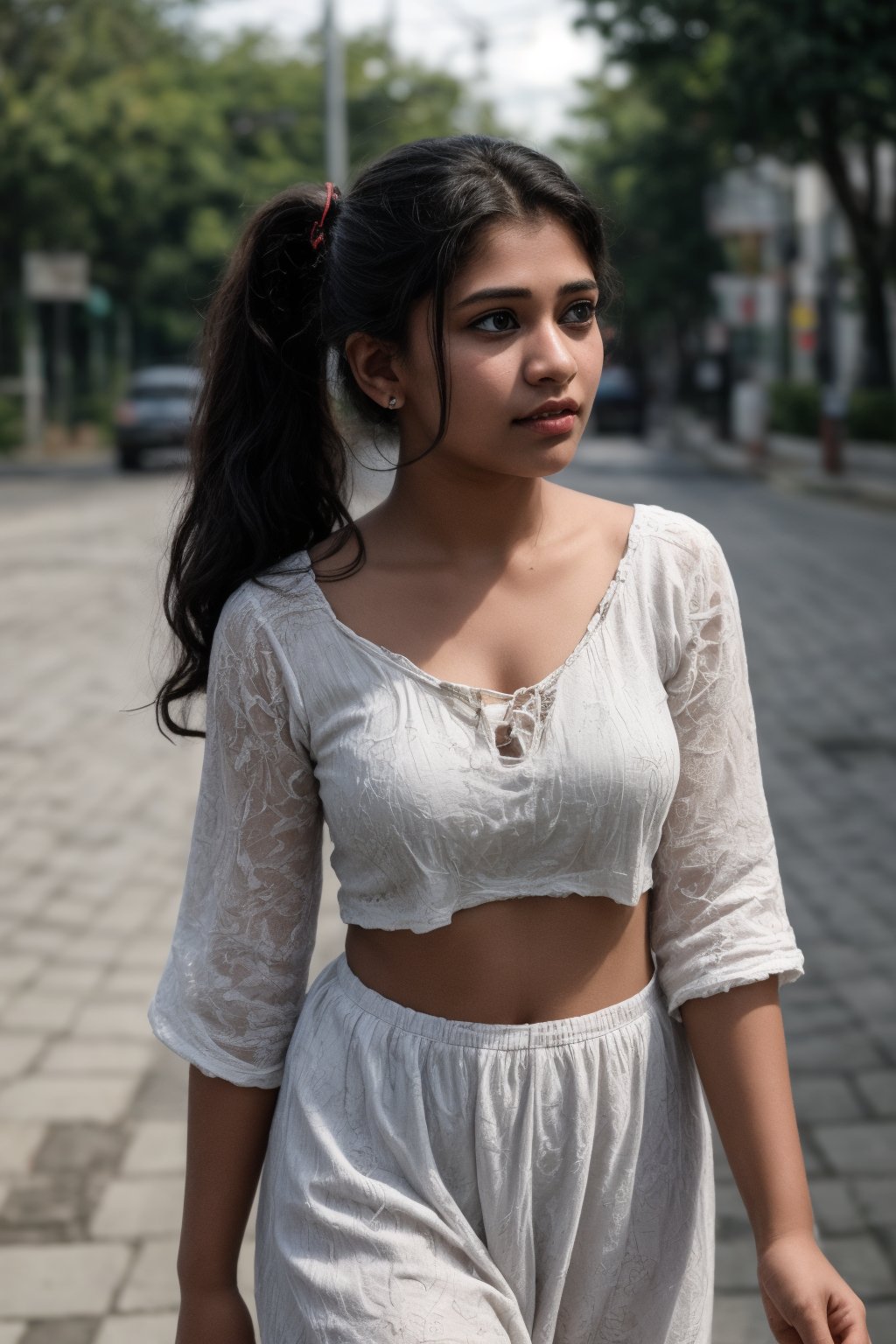 1girl, solo, long hair, black hair, twintails, jewelry, earrings, lips, realistic, beautiful mallu girl, 18 years old girl, outside, beautiful girl walking on the street , twintail hairstyle 
