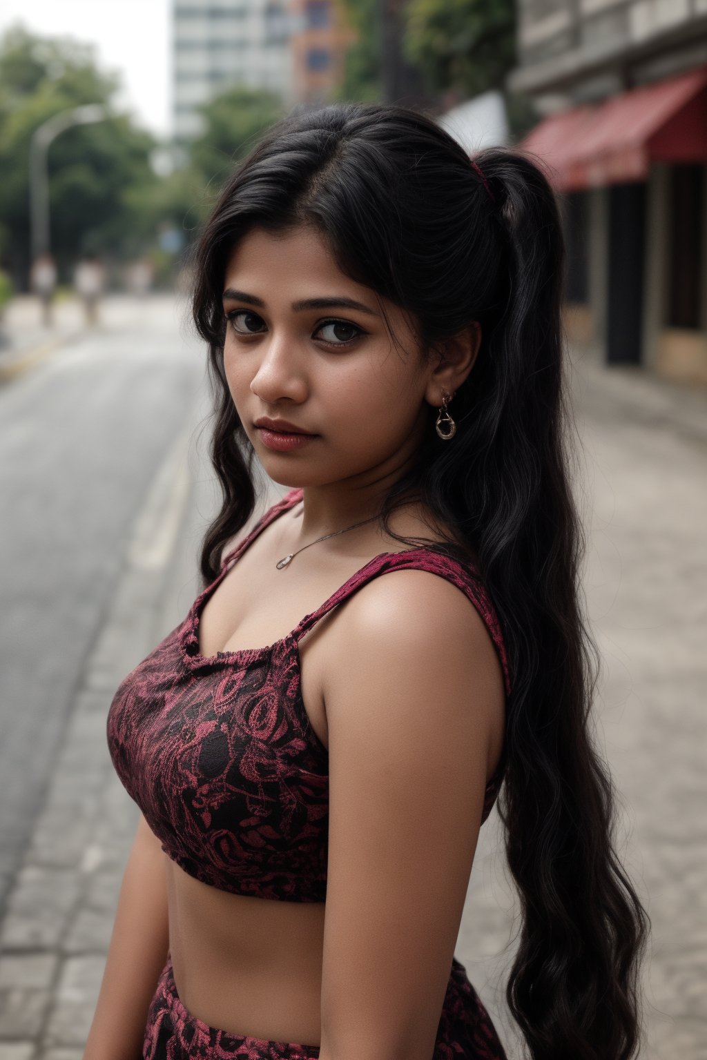 1girl, solo, dark skin, african , long hair, black hair, twintails, jewelry, earrings, lips, realistic, beautiful mallu girl, 18 years old girl, outside, beautiful girl walking on the street , twintail hairstyle 
